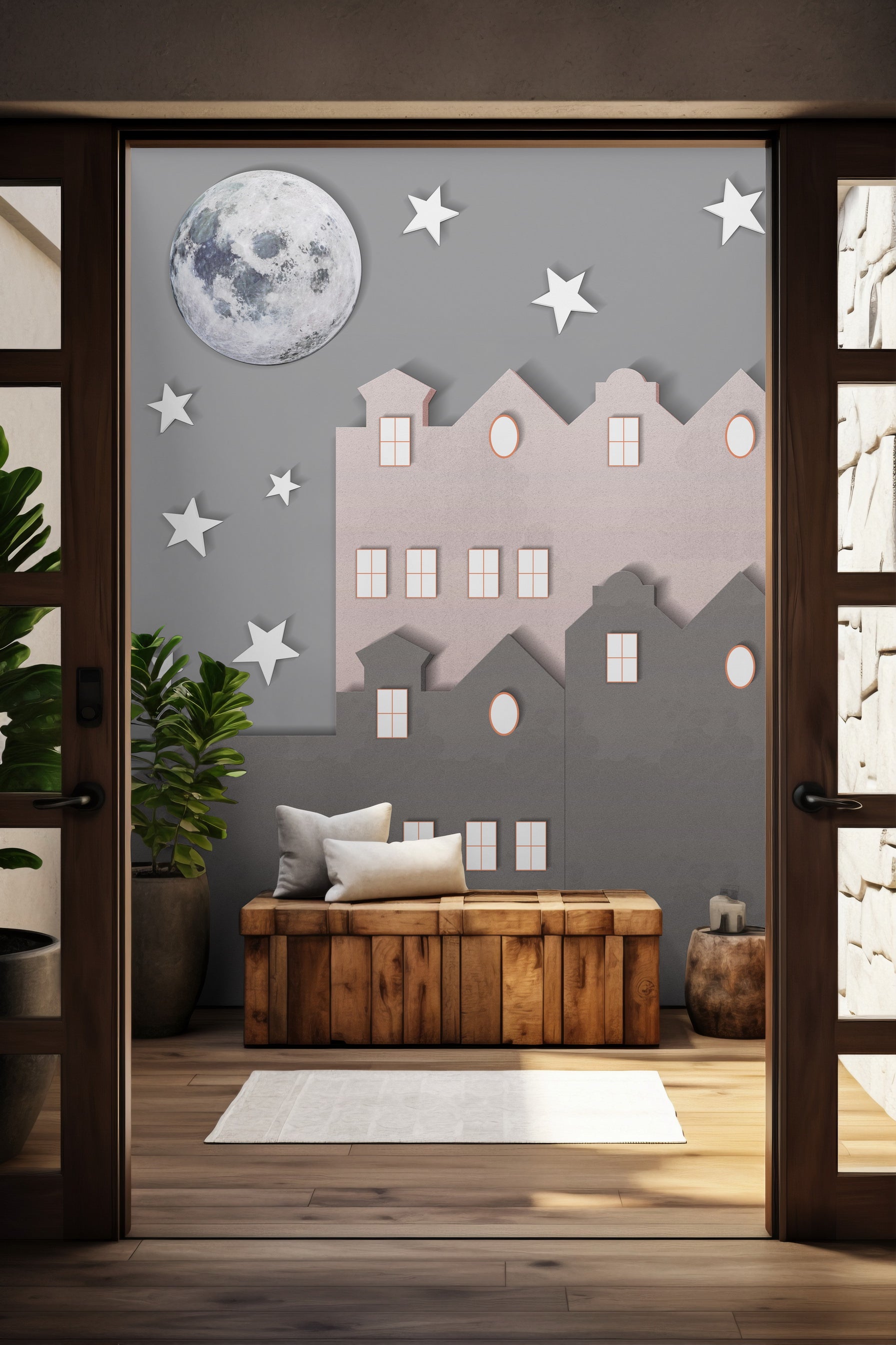 City wall artwork showcasing a cosmic horizon with modern skyline elements and celestial ambience