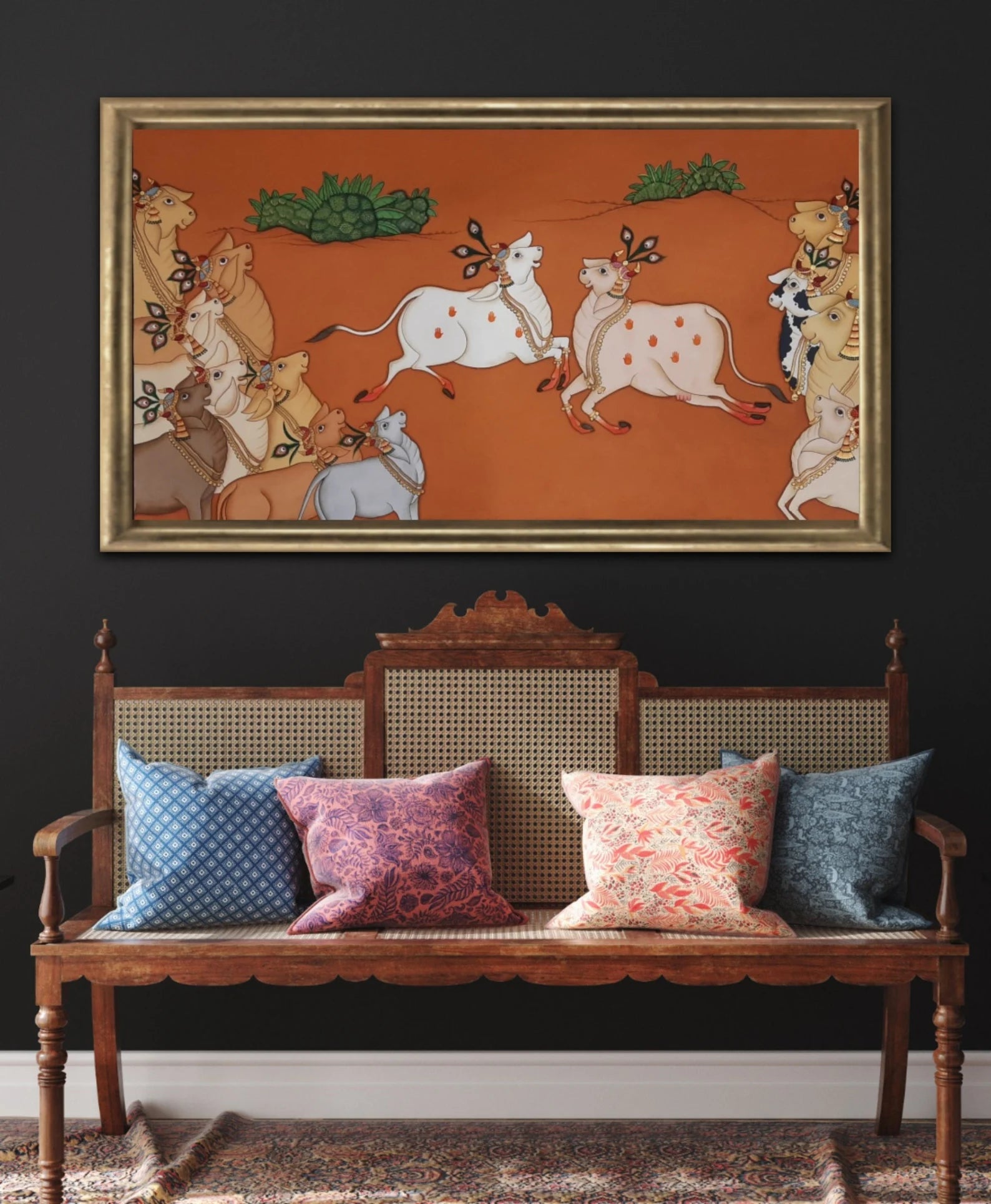 Traditional Cow Pichwai painting displayed as Indian heritage wall art
