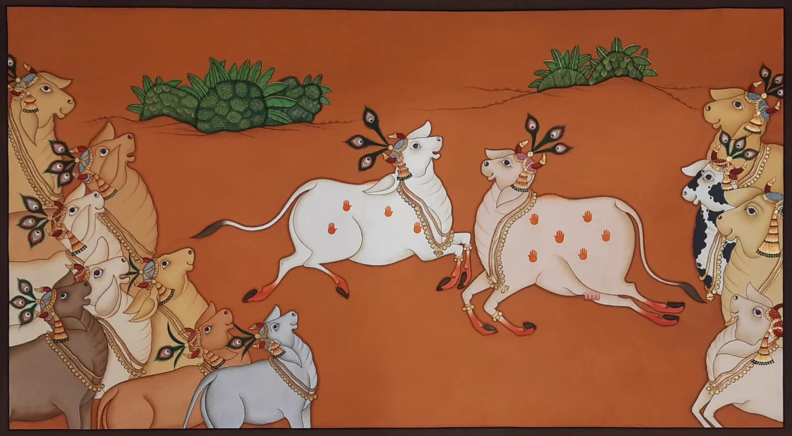 Hand-painted Cow Pichwai artwork on cloth featuring traditional Indian motifs