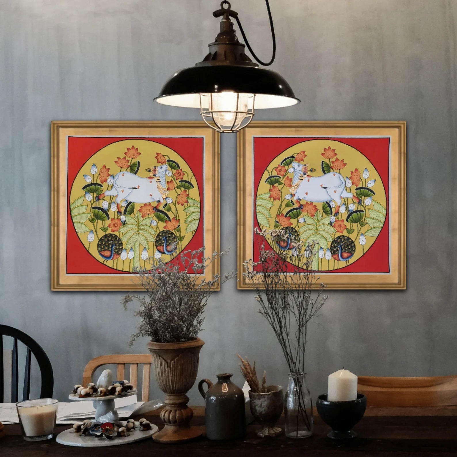 Traditional Cows Pichwai painting depicting sacred cows with intricate Indian motifs