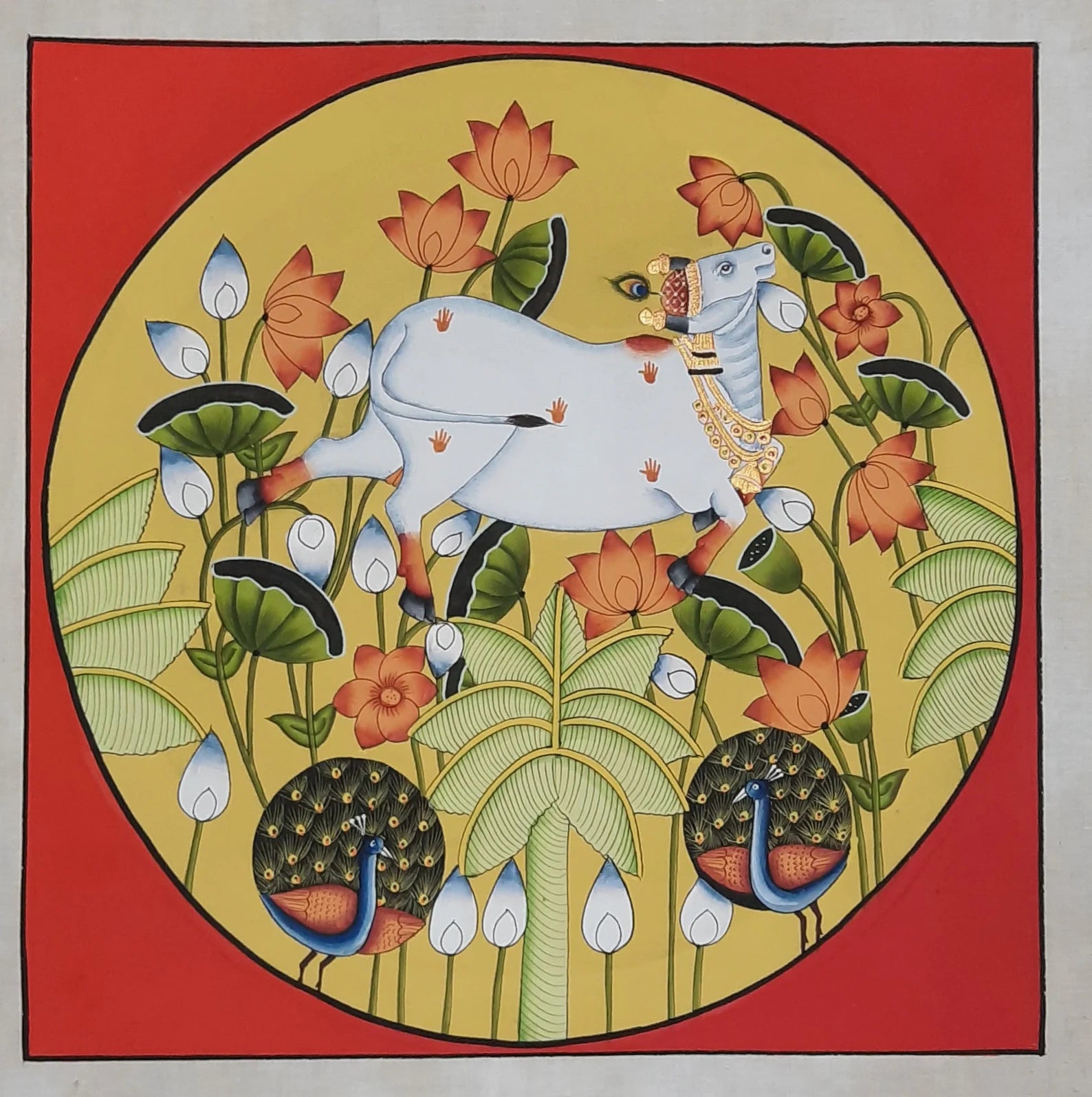 Round-format Cows Pichwai painting featuring detailed floral and animal motifs