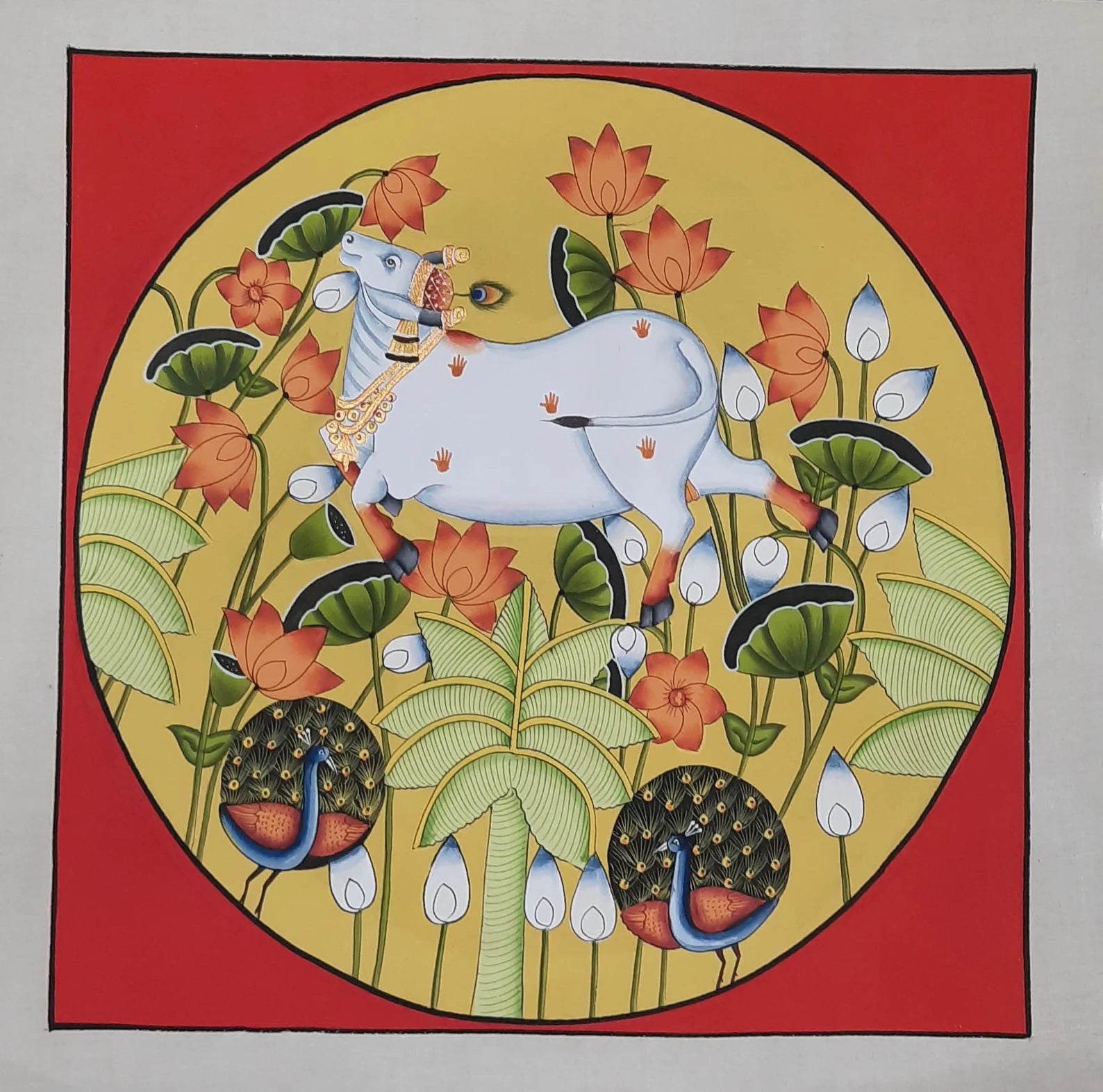 Cows Pichwai painting with vibrant red background and traditional Indian detailing
