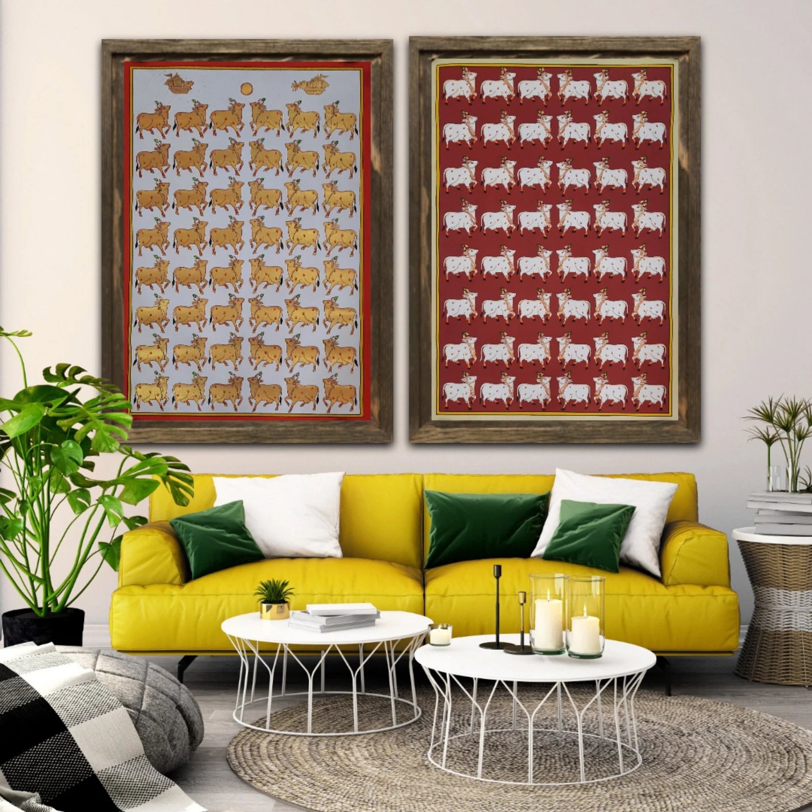 Handmade Cows Pichwai painting displayed as Indian heritage wall art