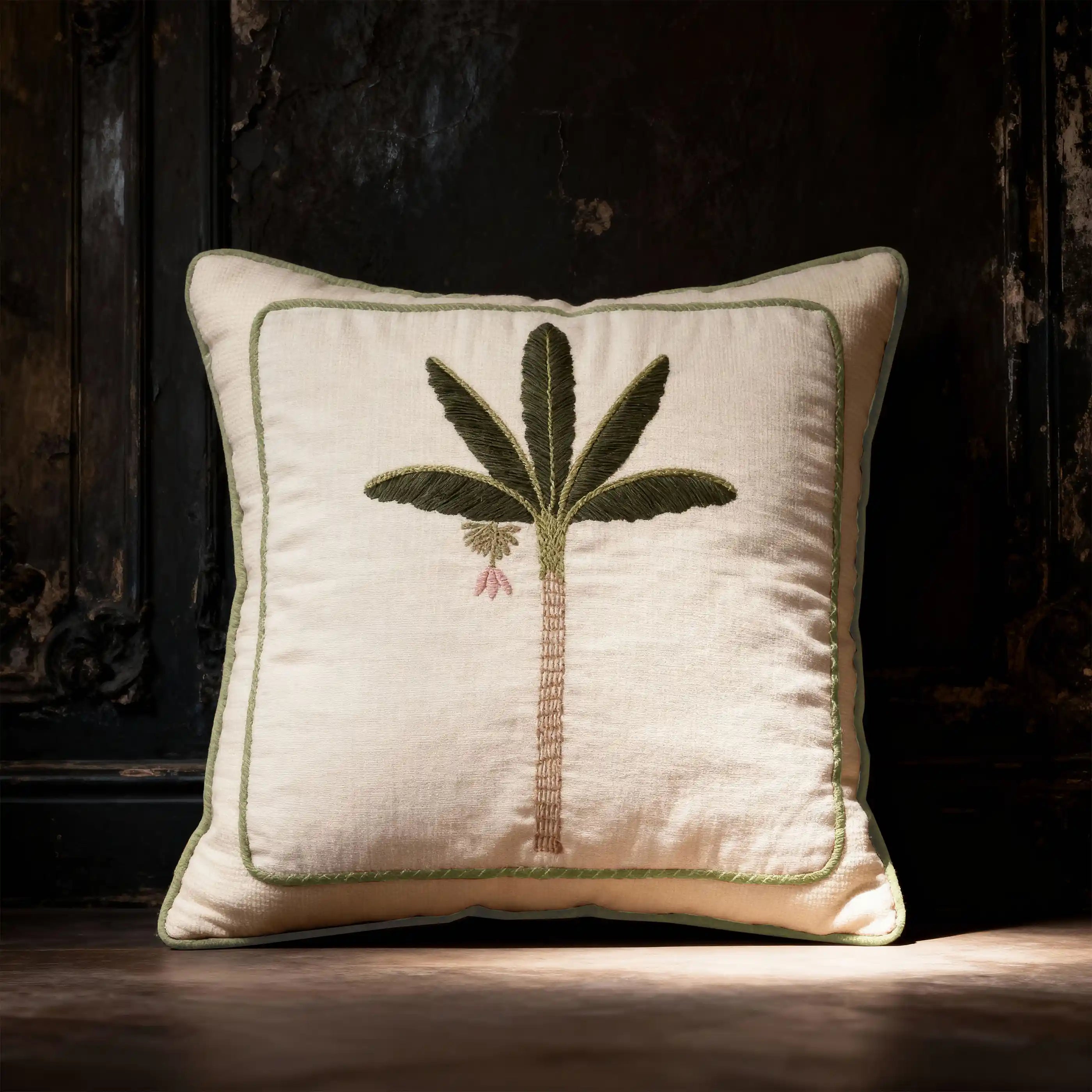 The Eka Kanan cushion cover styled in a dramatic, moody interior against a dark textured wall to highlight the ivory fabric.