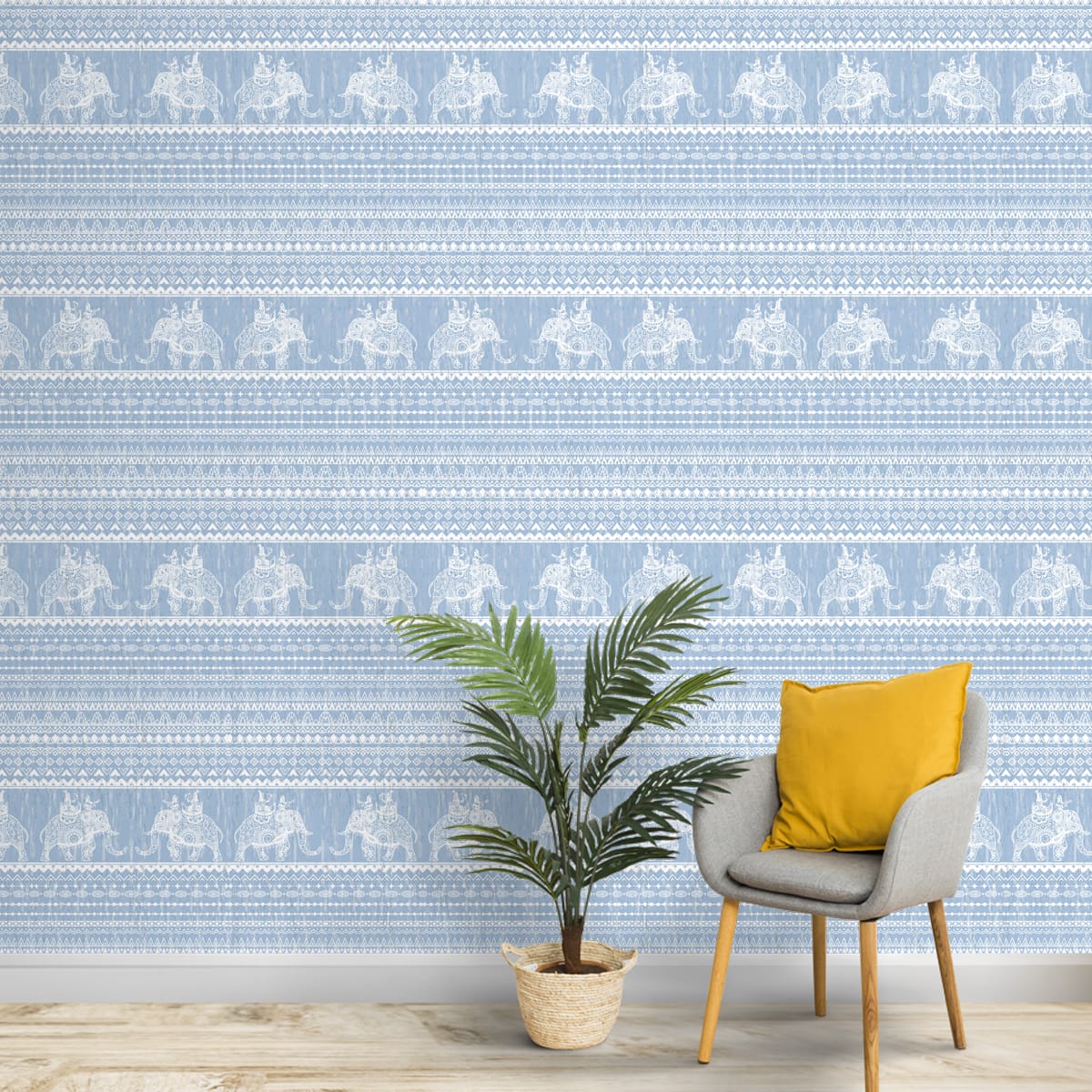 Indian elephant wall design inspired by Neel Vastra, showcasing regal forms and rich indigo inspired detailing