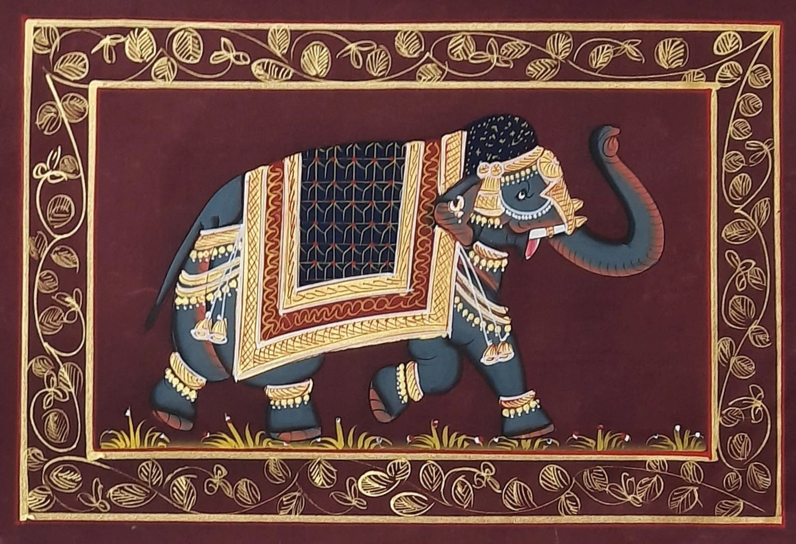 Indian miniature elephant painting on silk featuring a richly adorned royal elephant