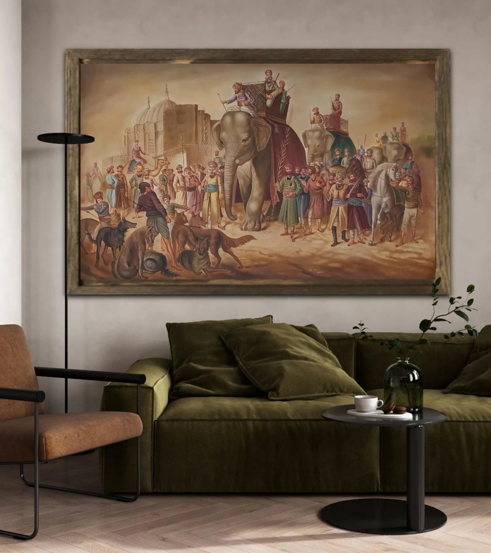 Traditional elephant procession oil painting styled in a modern interior setting