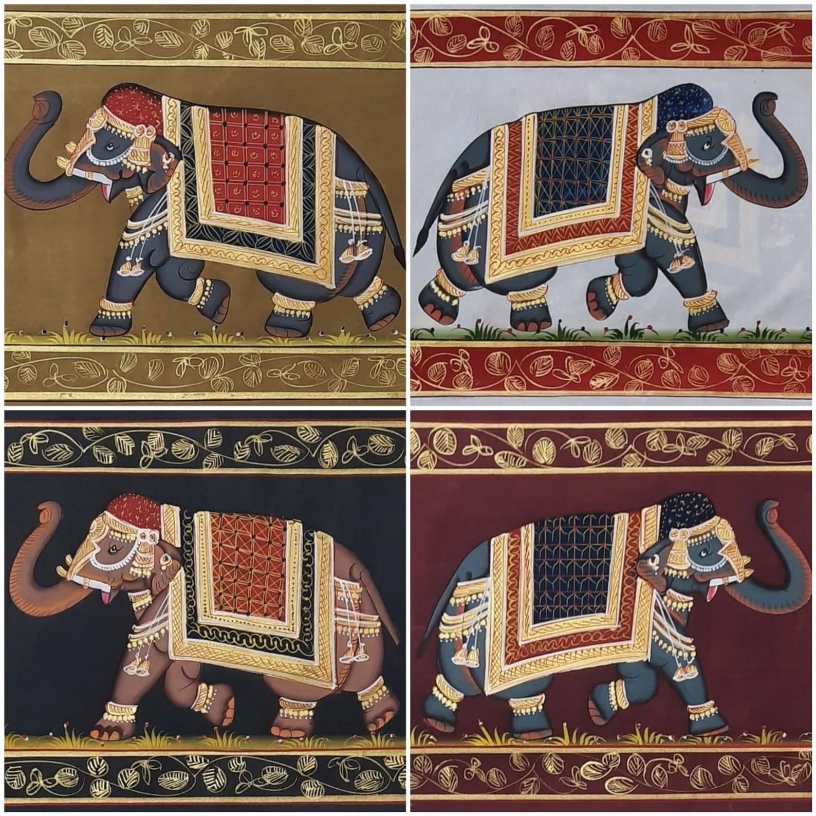 Repeating elephant motif miniature painting on silk inspired by royal procession art