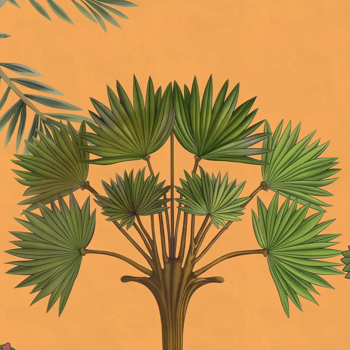 Expansive wall mural designed with Chitran Pichwai inspired florals to create a calm and graceful spiritual interior