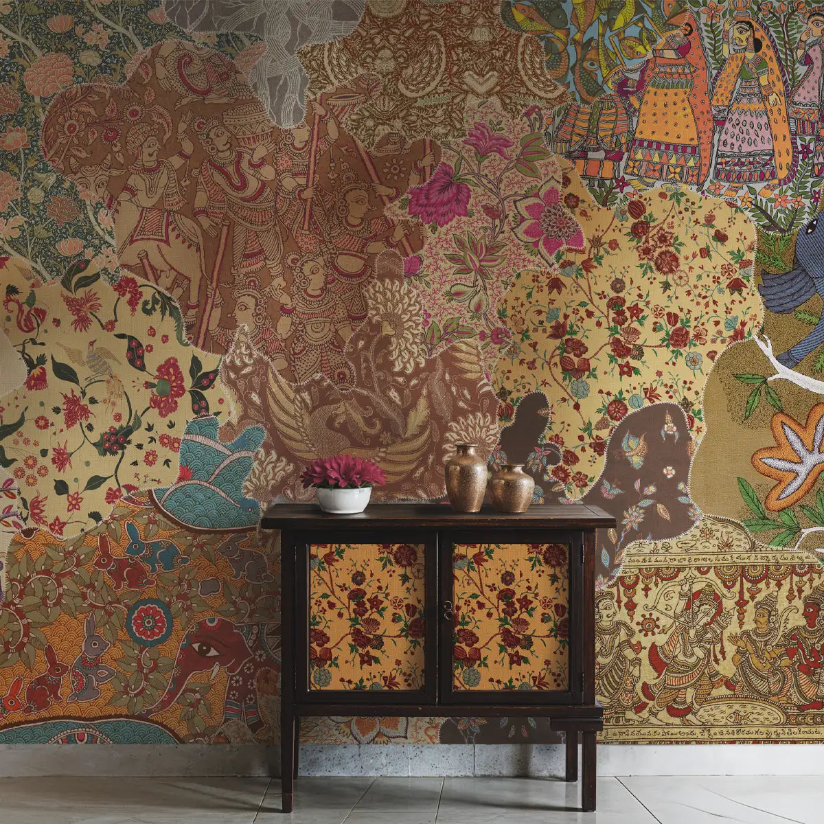 Fabric inspired wall design showcasing rich textile patterns and vibrant detailing drawn from traditional Indian craftsmanship