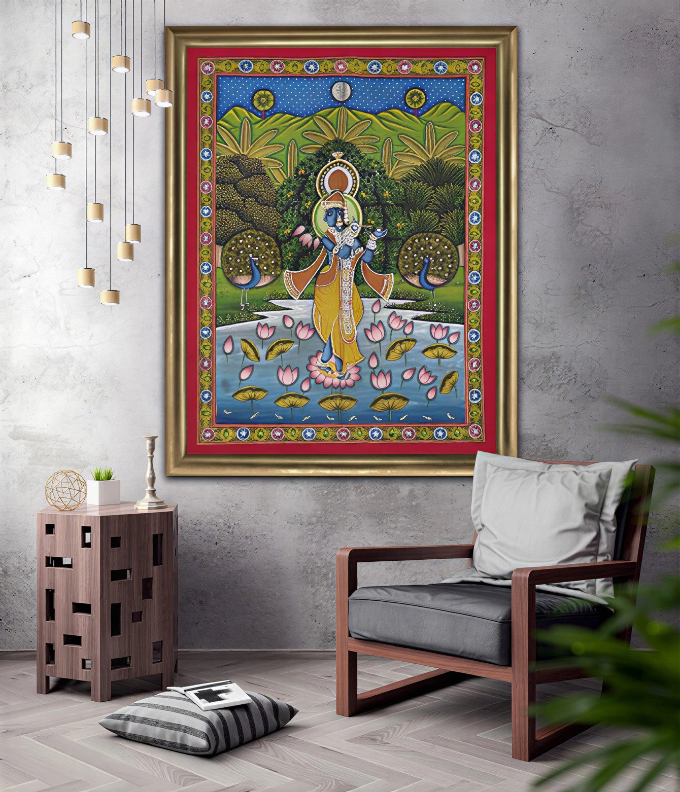 Pichwai Painting – Lord Krishna Atop a Lotus Painting – Cloth