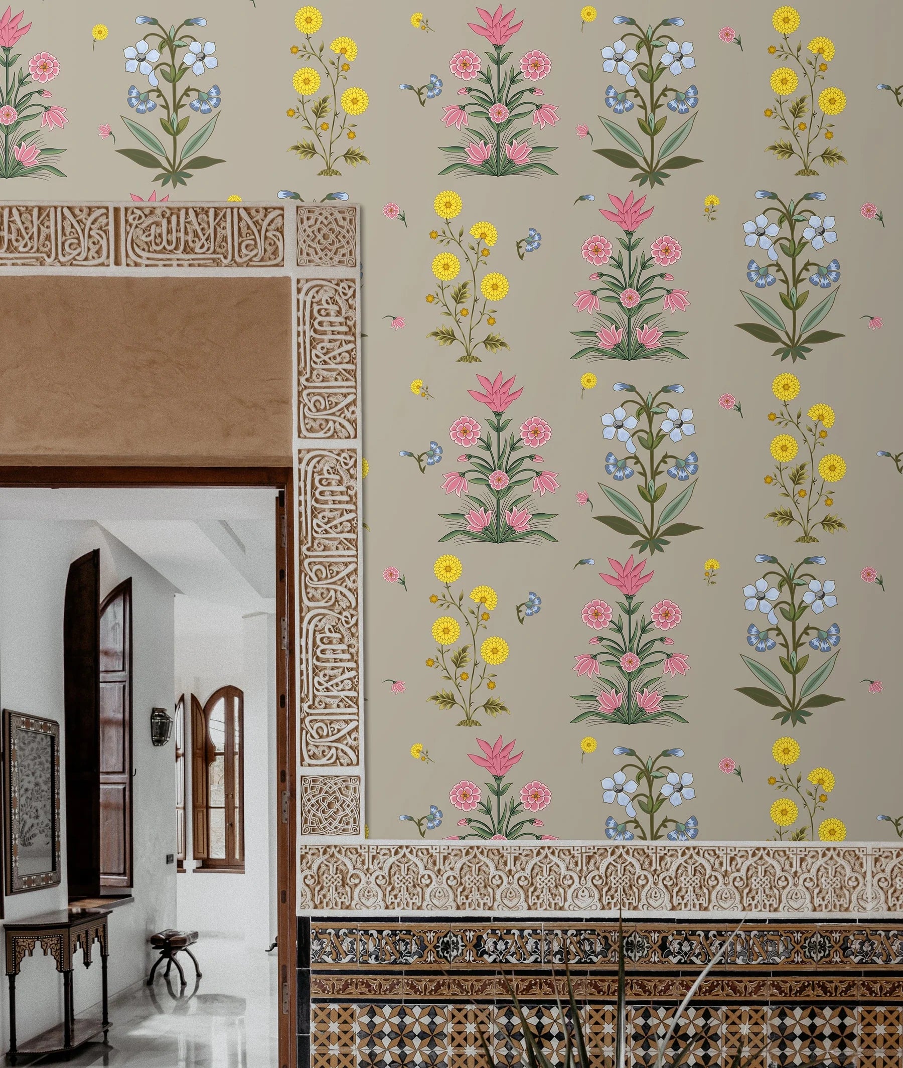 Floral abundance inspired wall design featuring Smriti motifs with layered blossoms and a rich, celebratory garden aesthetic