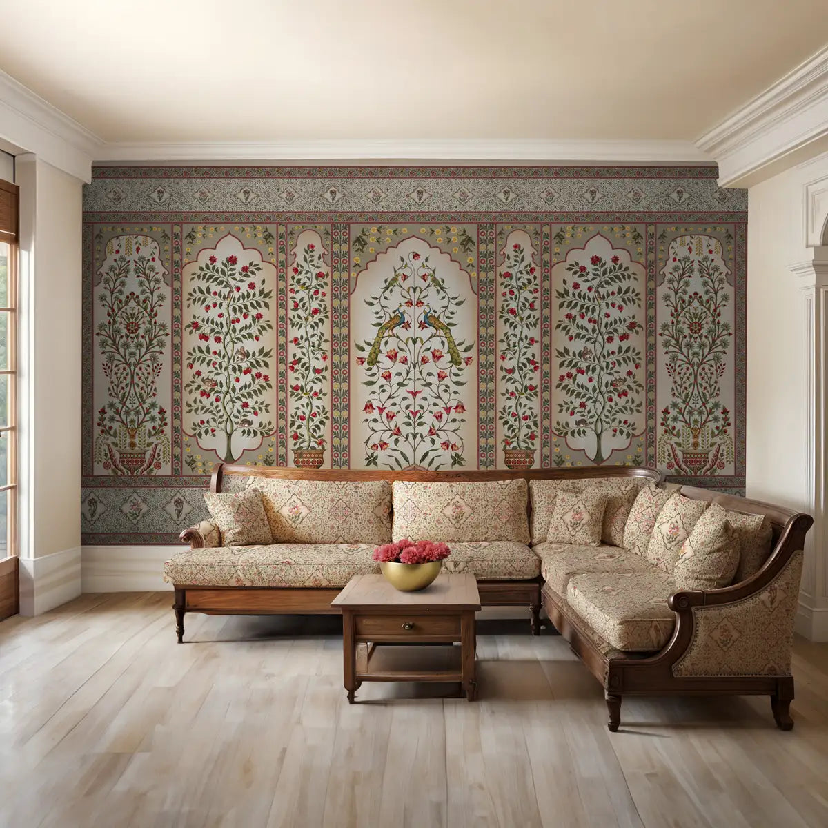Floral wall design with Madhuban styling, blending soft flowers and balanced botanical detailing