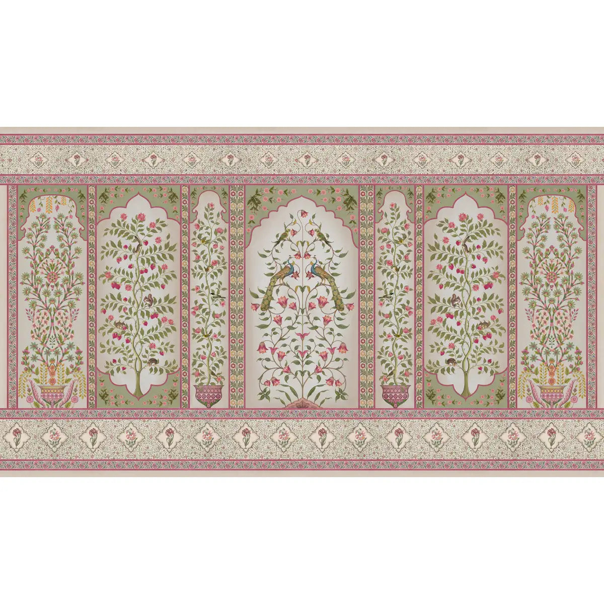 Pink floral wall design highlighting Madhuban inspired blossoms with a calm, romantic, and nature rich composition