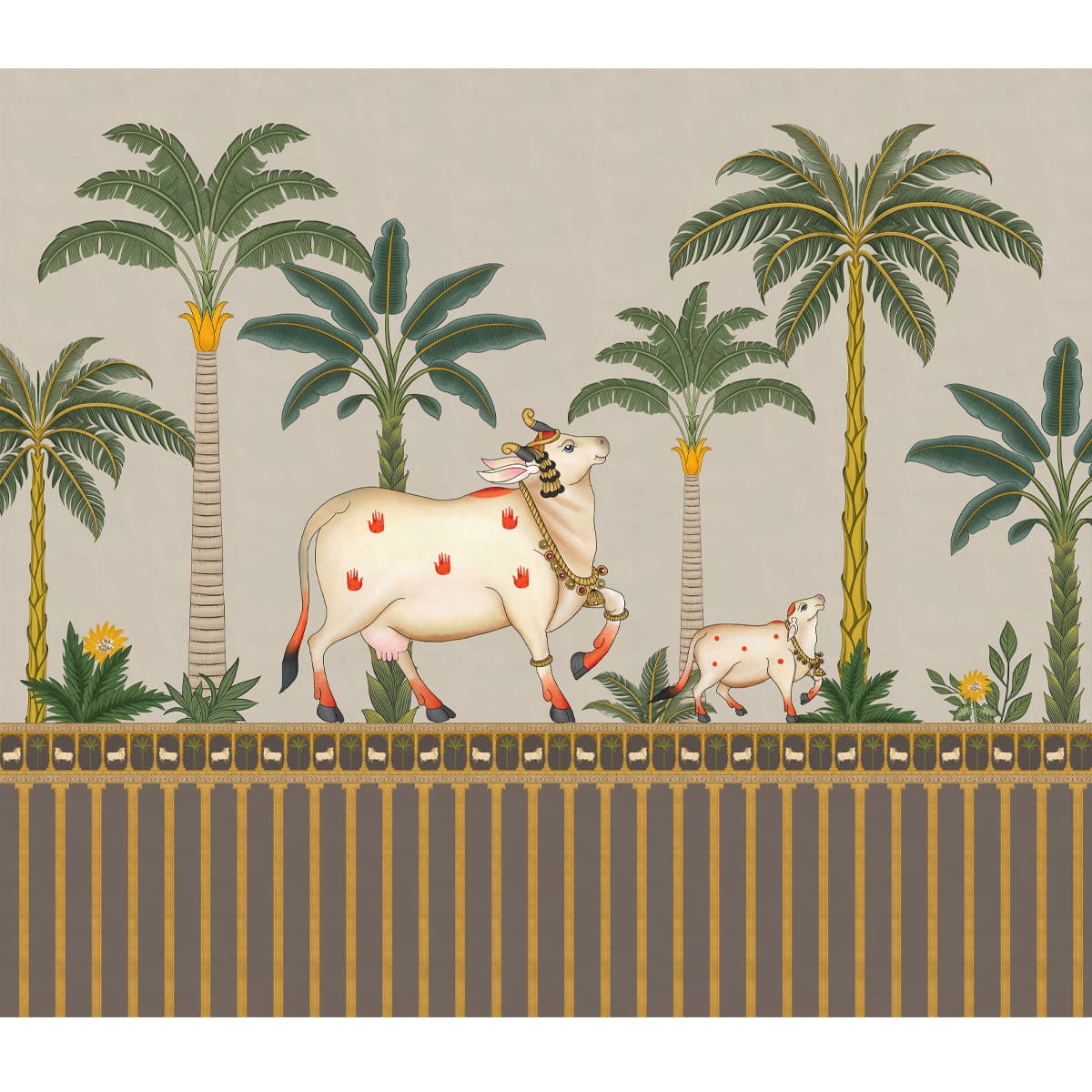 Surabhi Pichwai Design Wallpaper Customised Beige, pichwai, trees, indian, traditional, mandir, shop all