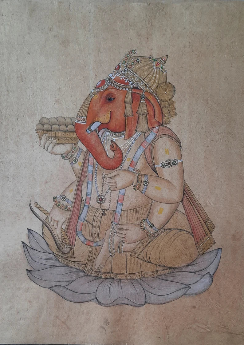 Handmade Indian painting of Lord Ganesha seated with symbolic attributes