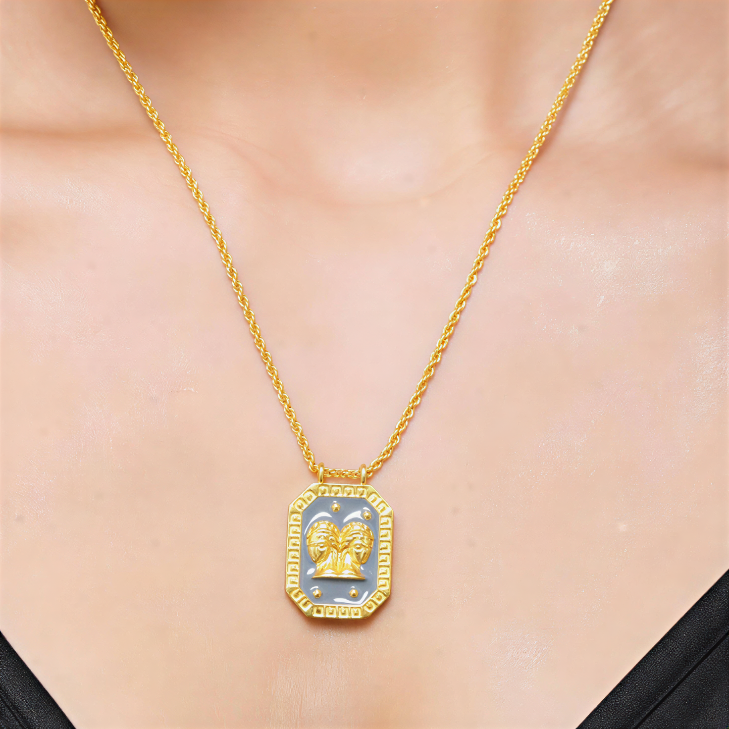 Gemini Zodiac Tablet Reversible Necklace with Pearl