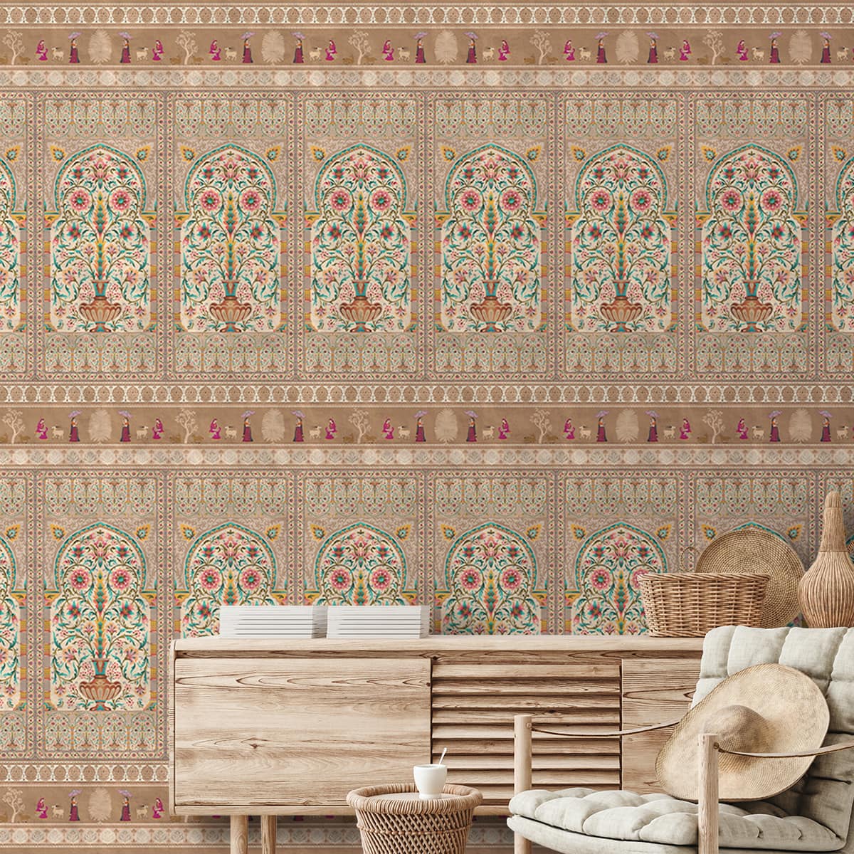 Lyrical floral wallpaper applied on a wall showing overall pattern scale