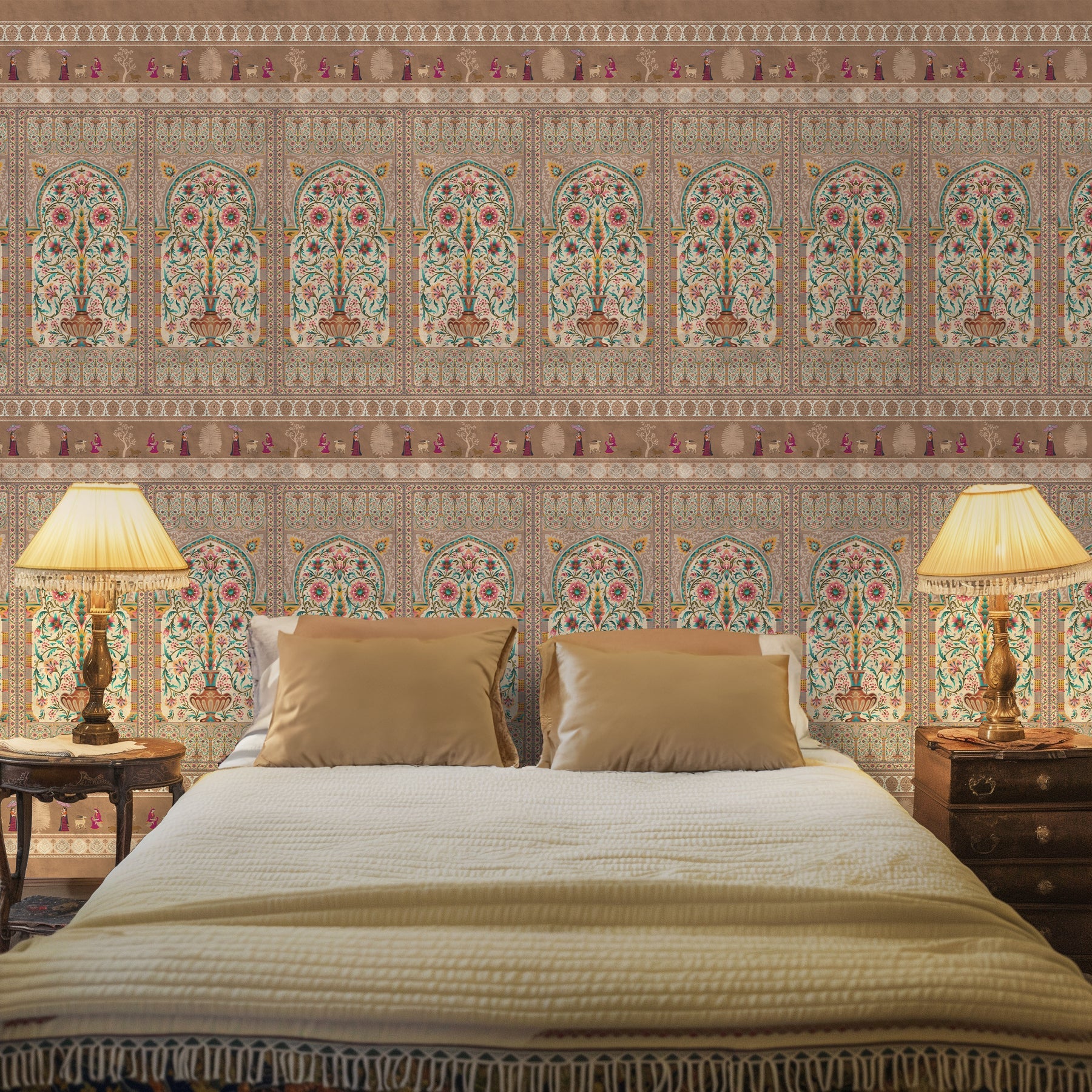 Floral wallpaper with rhythmic patterns and flowing lines in a soft neutral palette