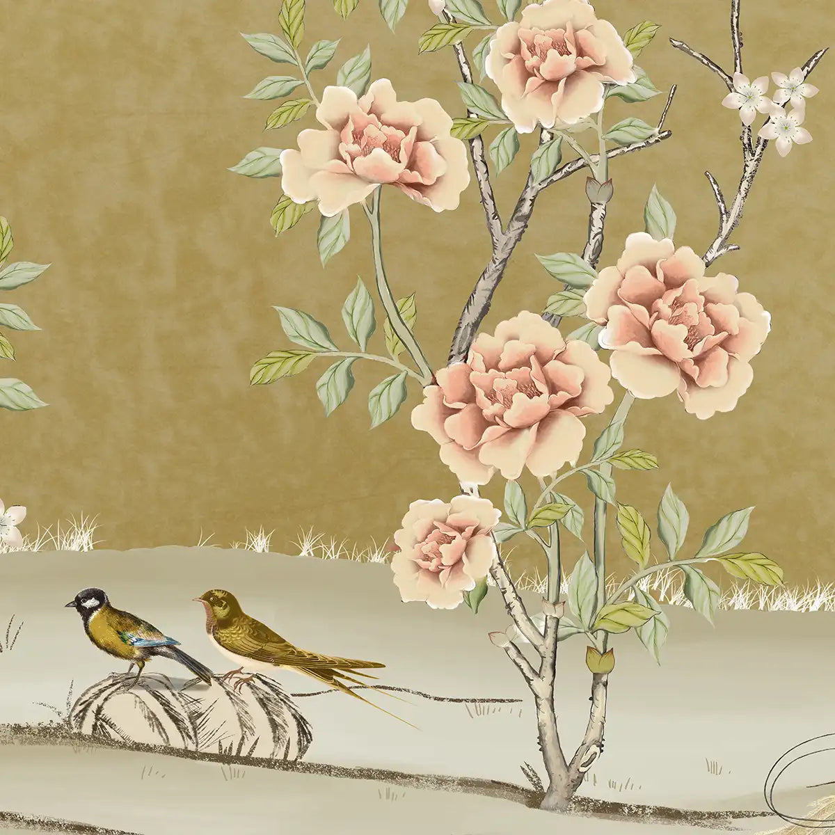 Golden Hour chinoiserie wallpaper mural designed with expansive Amra Bagh inspired artwork to create an elegant statement wall