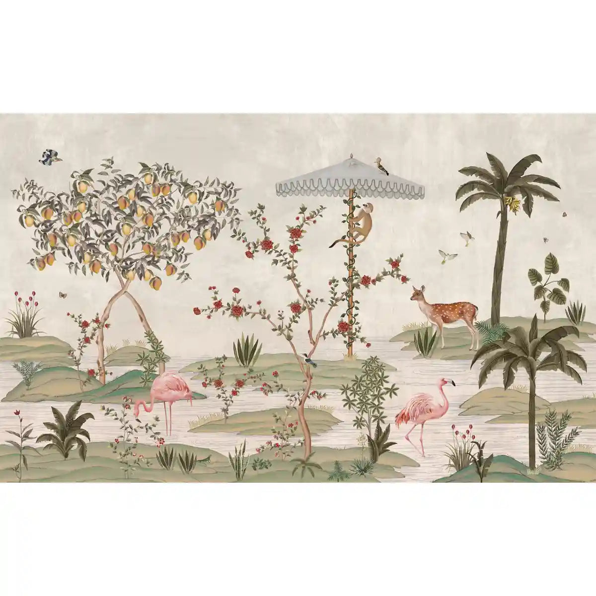 Gulbagh Chinoiserie Reverie ivory wallpaper showcasing delicate botanicals and refined oriental detailing with a warm neutral palette