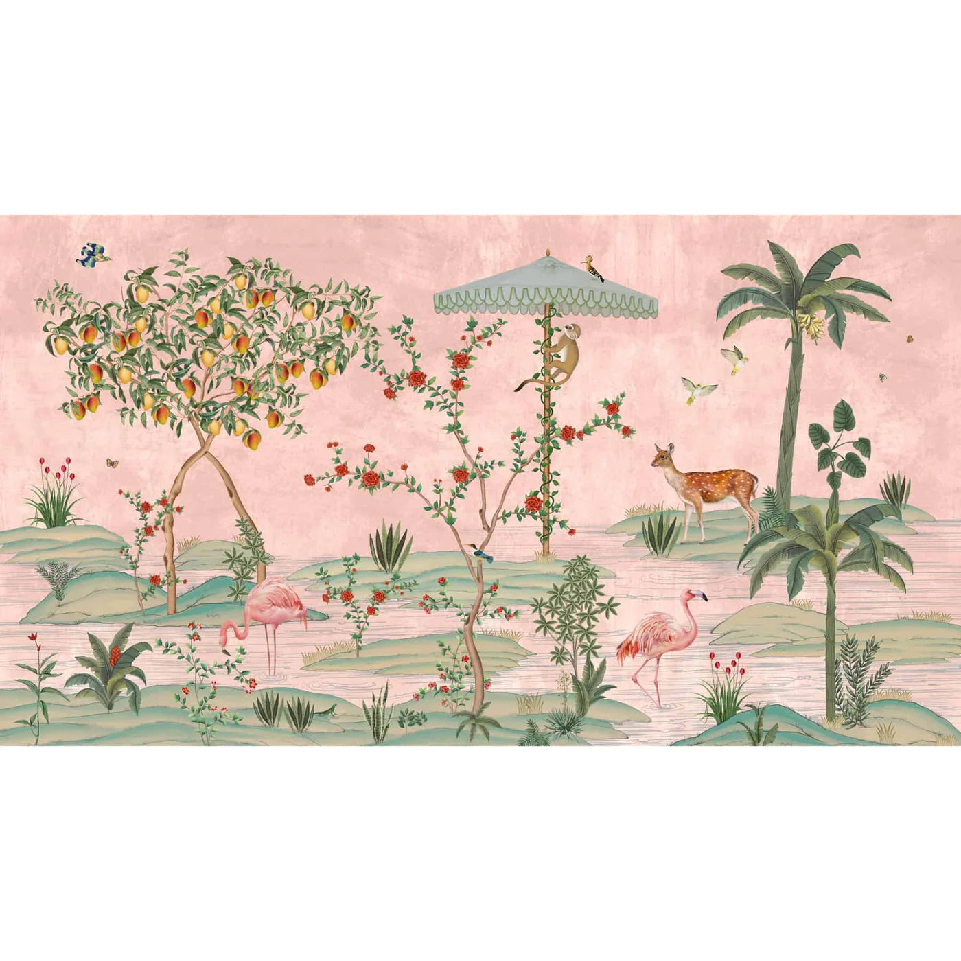 Gulbagh Chinoiserie Reverie pink wallpaper showcasing delicate botanicals and refined oriental detailing with a graceful blush palette