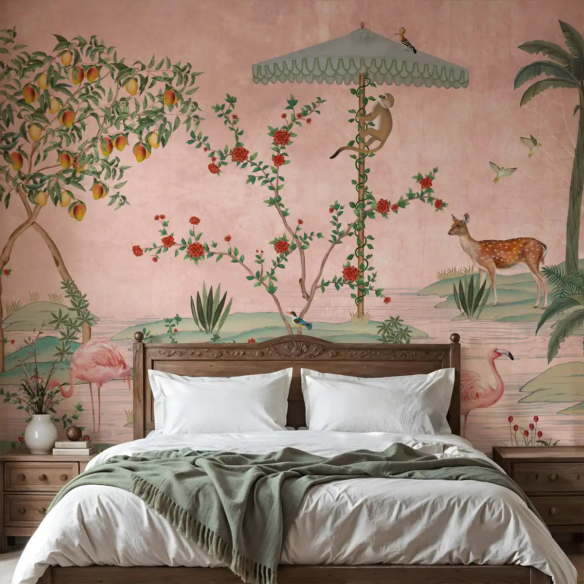Gulbagh pink chinoiserie wallpaper depicting timeless floral patterns and serene aesthetics designed for luxurious interiors