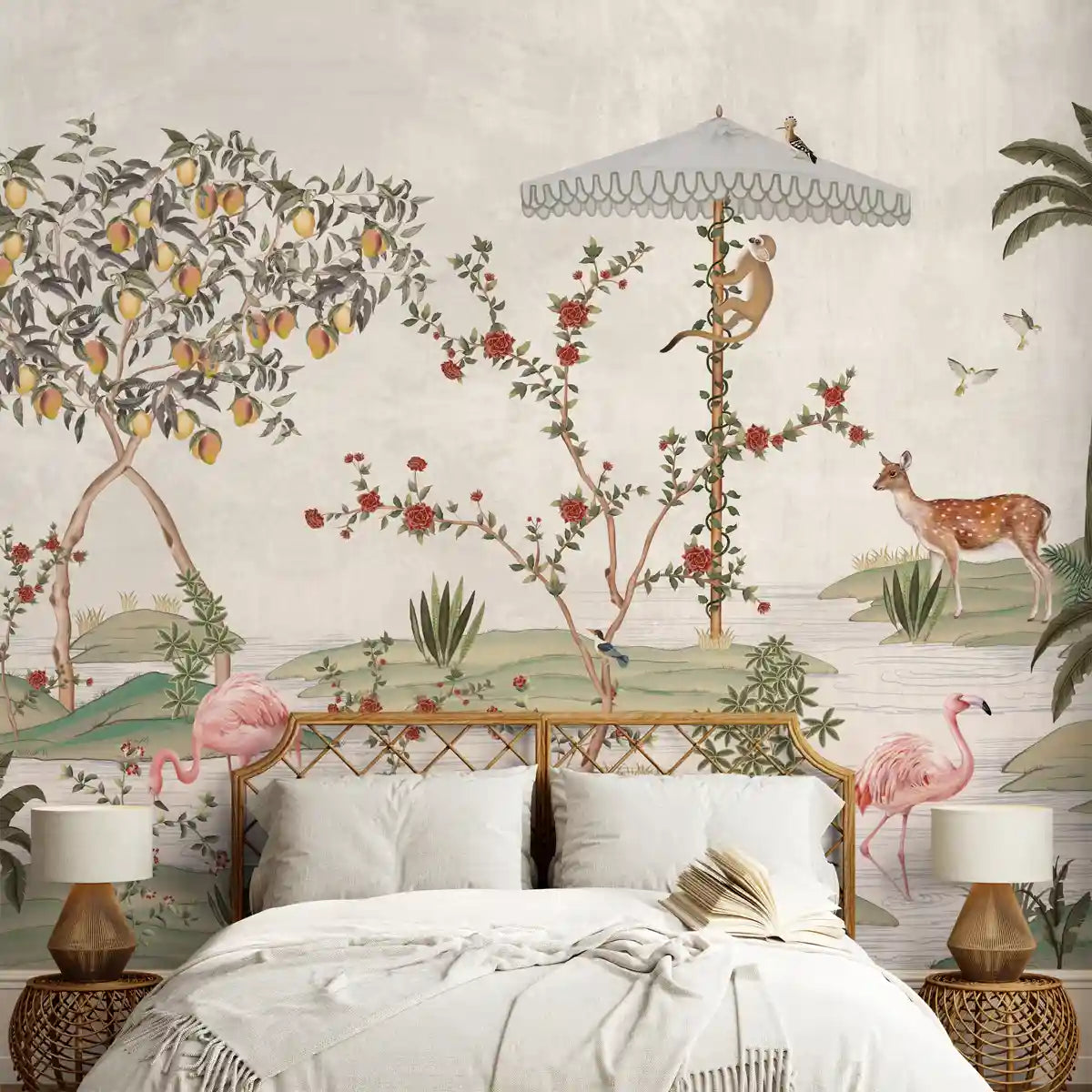 Chinoiserie Reverie wallpaper mural designed with expansive Gulbagh inspired artwork in ivory hues for a calm and elegant statement wall