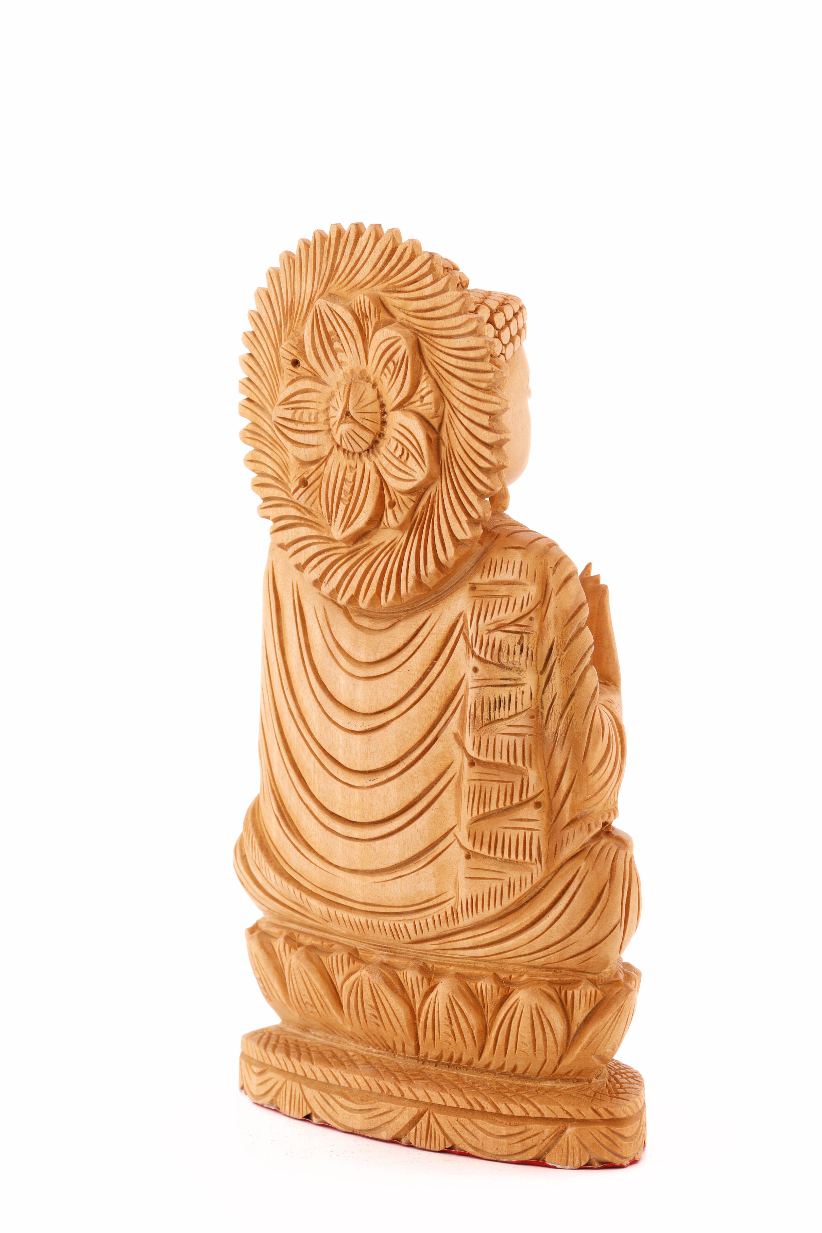Hand carved wooden Buddha figurine depicting a meditative posture with refined craftsmanship and spiritual elegance
