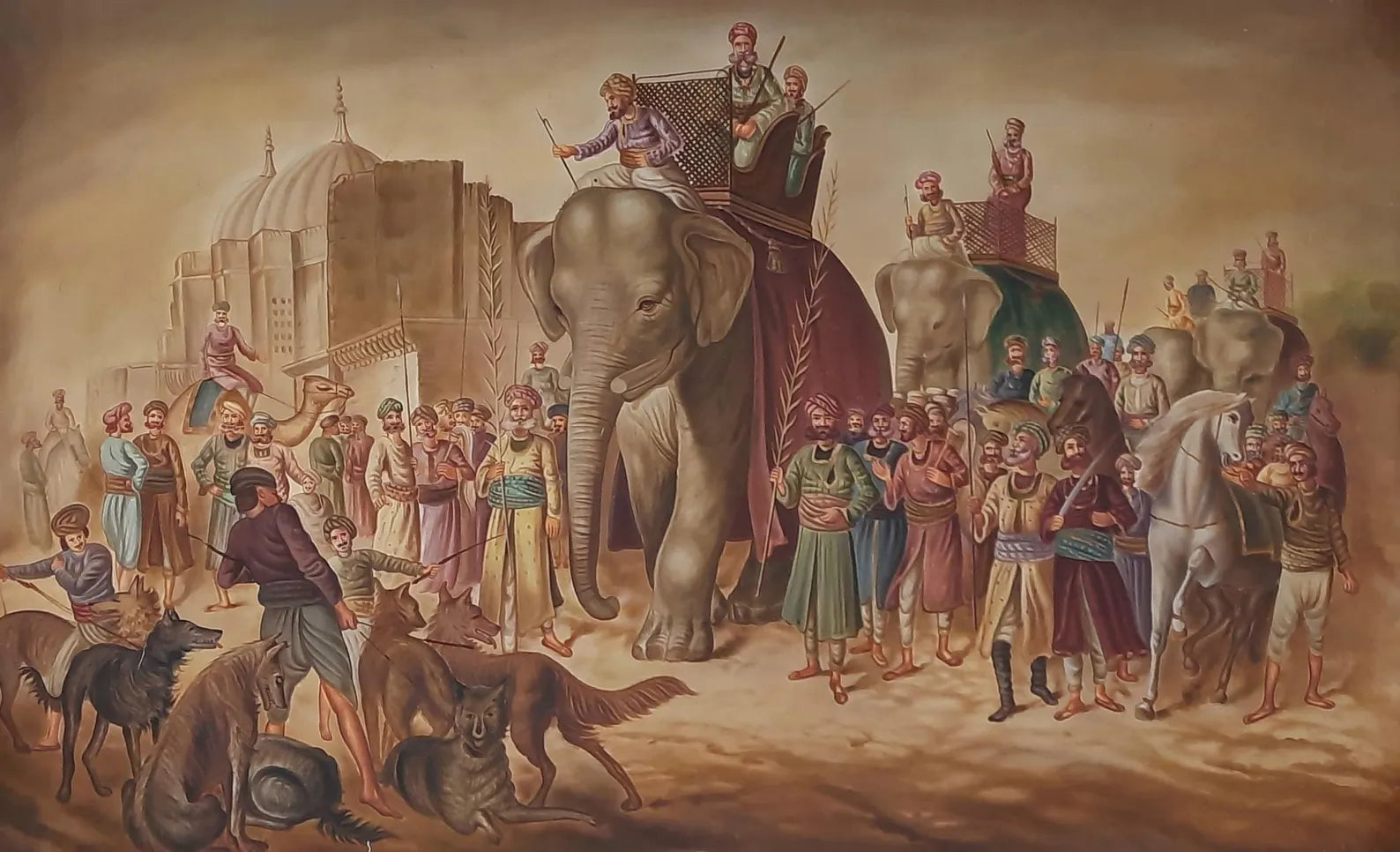 Hand-painted oil canvas painting depicting a traditional Indian elephant procession