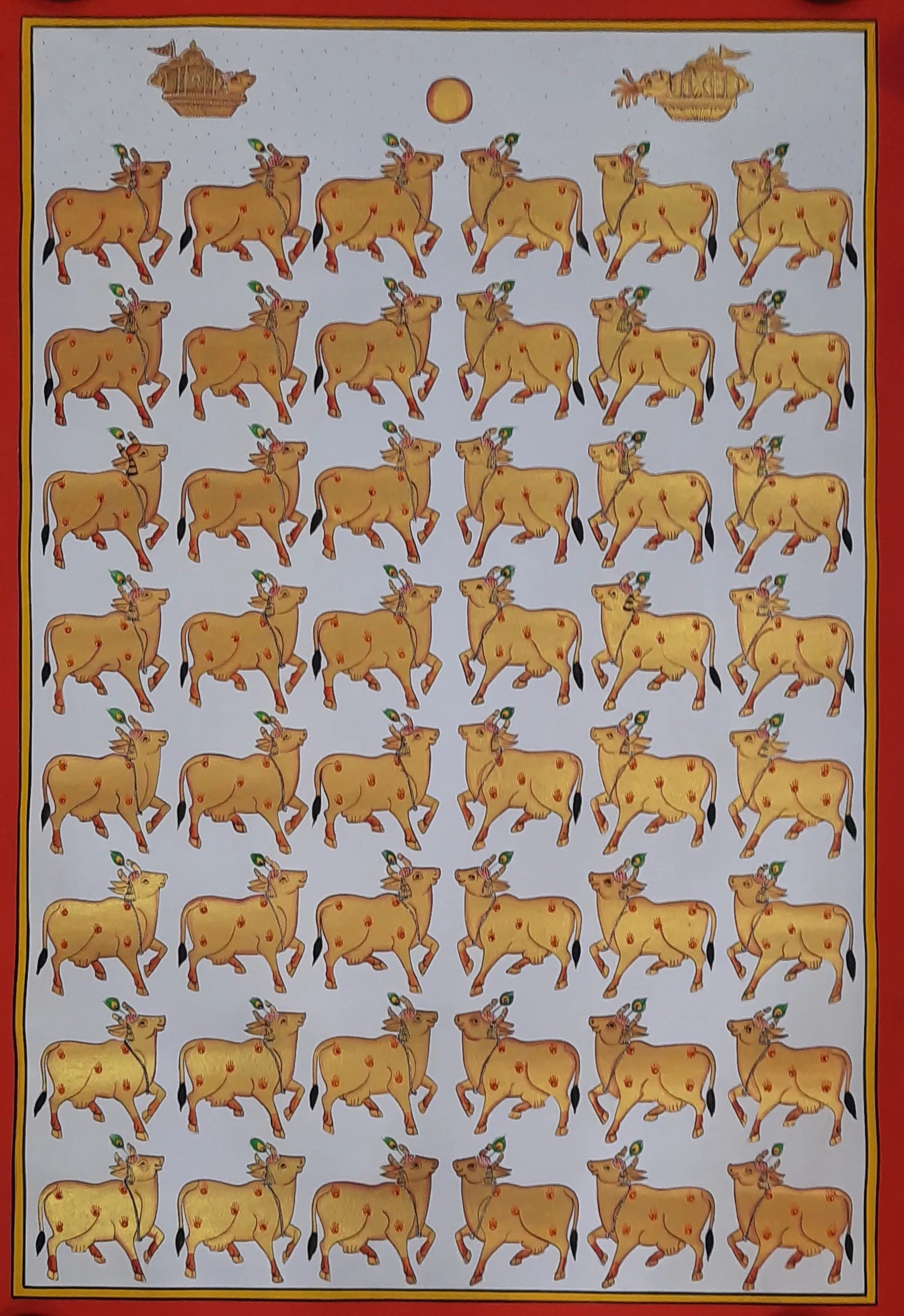 Handmade Cows Pichwai painting featuring repeated cow motifs in traditional Indian style