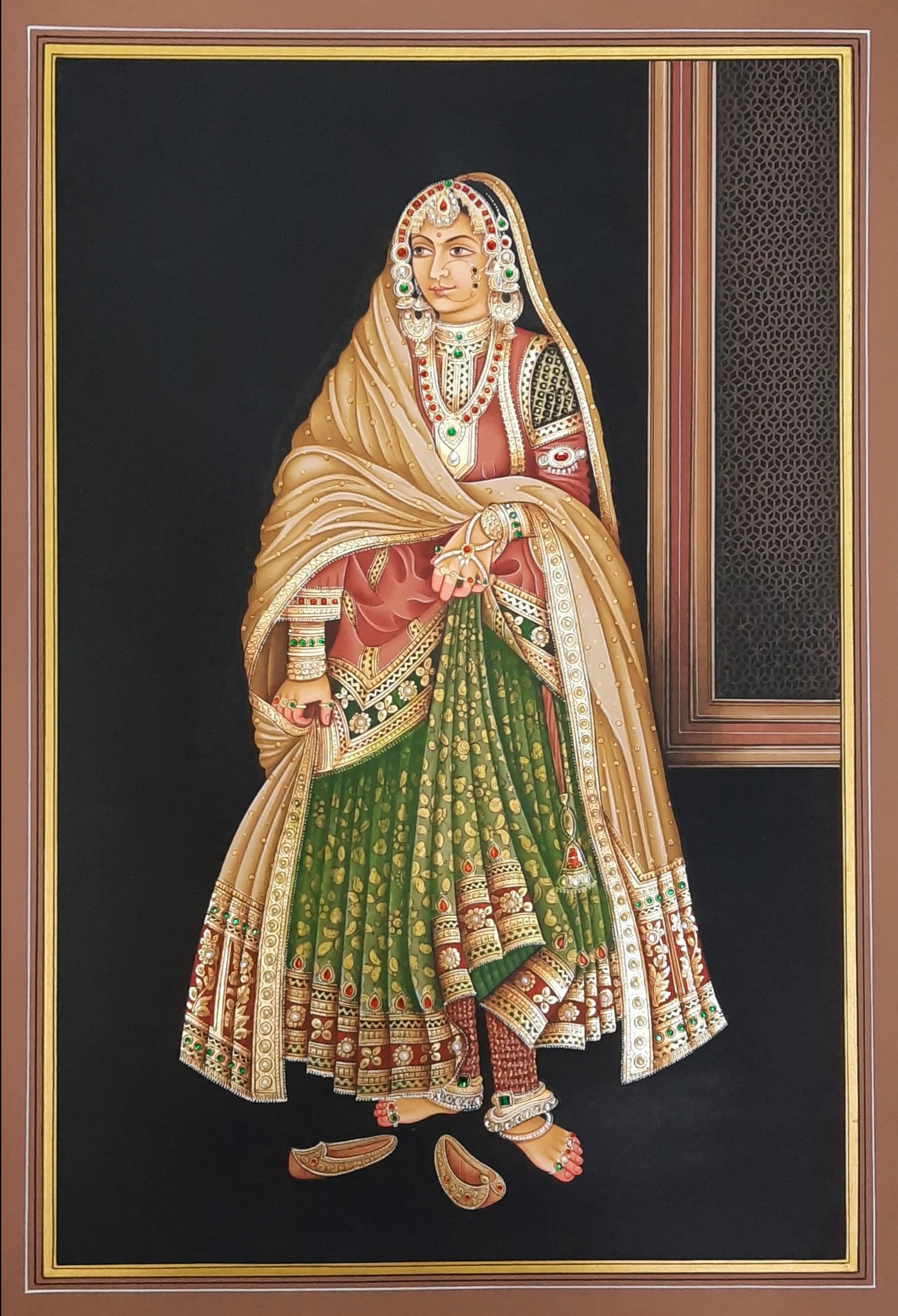 Handmade Indian miniature painting portraying a royal queen with ornate dress and jewellery