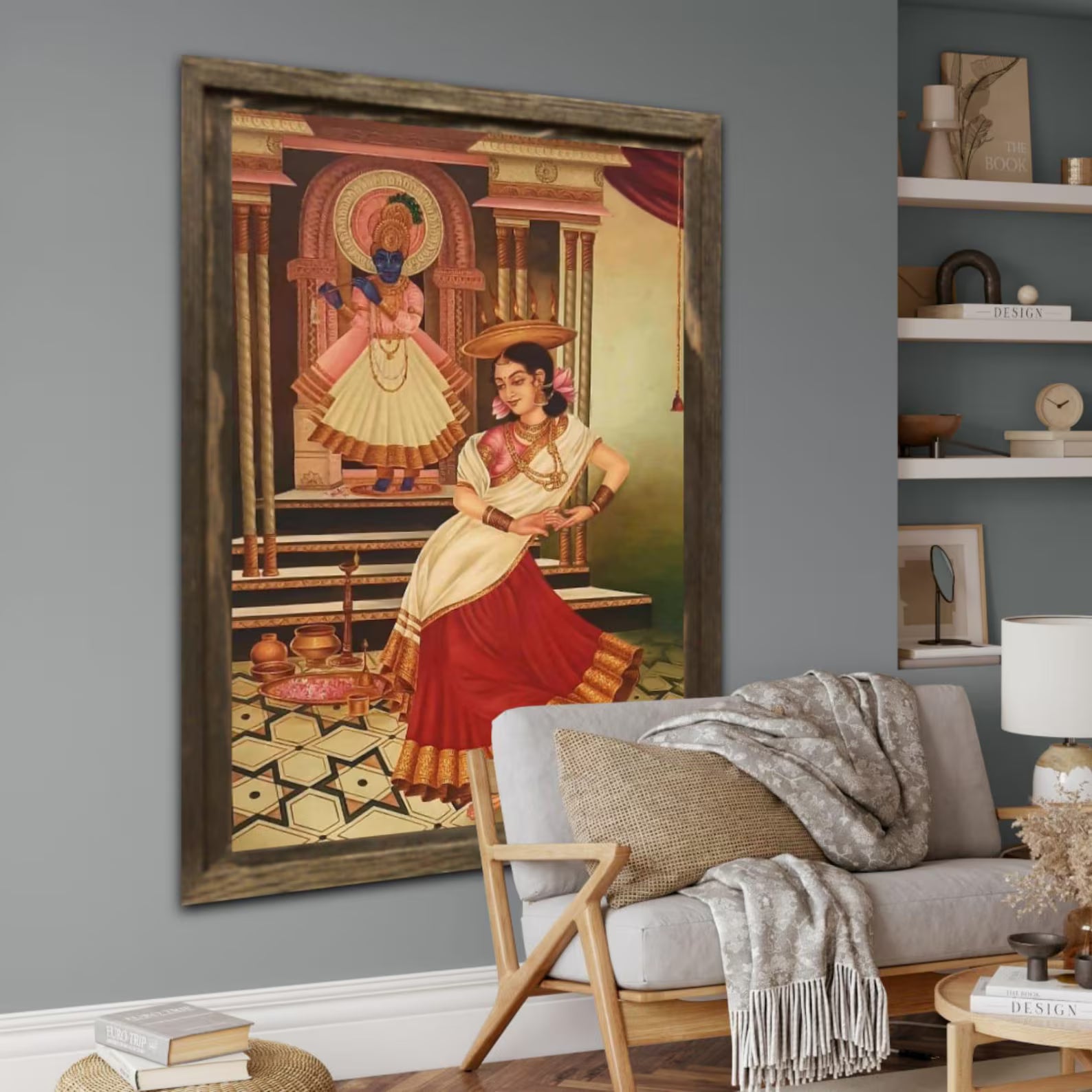 Handmade oil painting of Lord Krishna on canvas with vibrant devotional colors