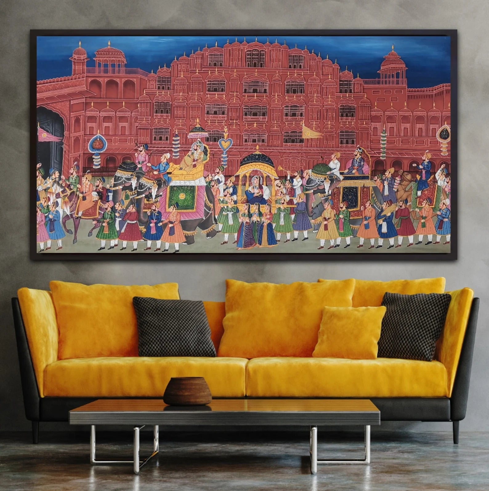Jaipur miniature painting artwork showing royal procession in front of Hawa Mahal palace