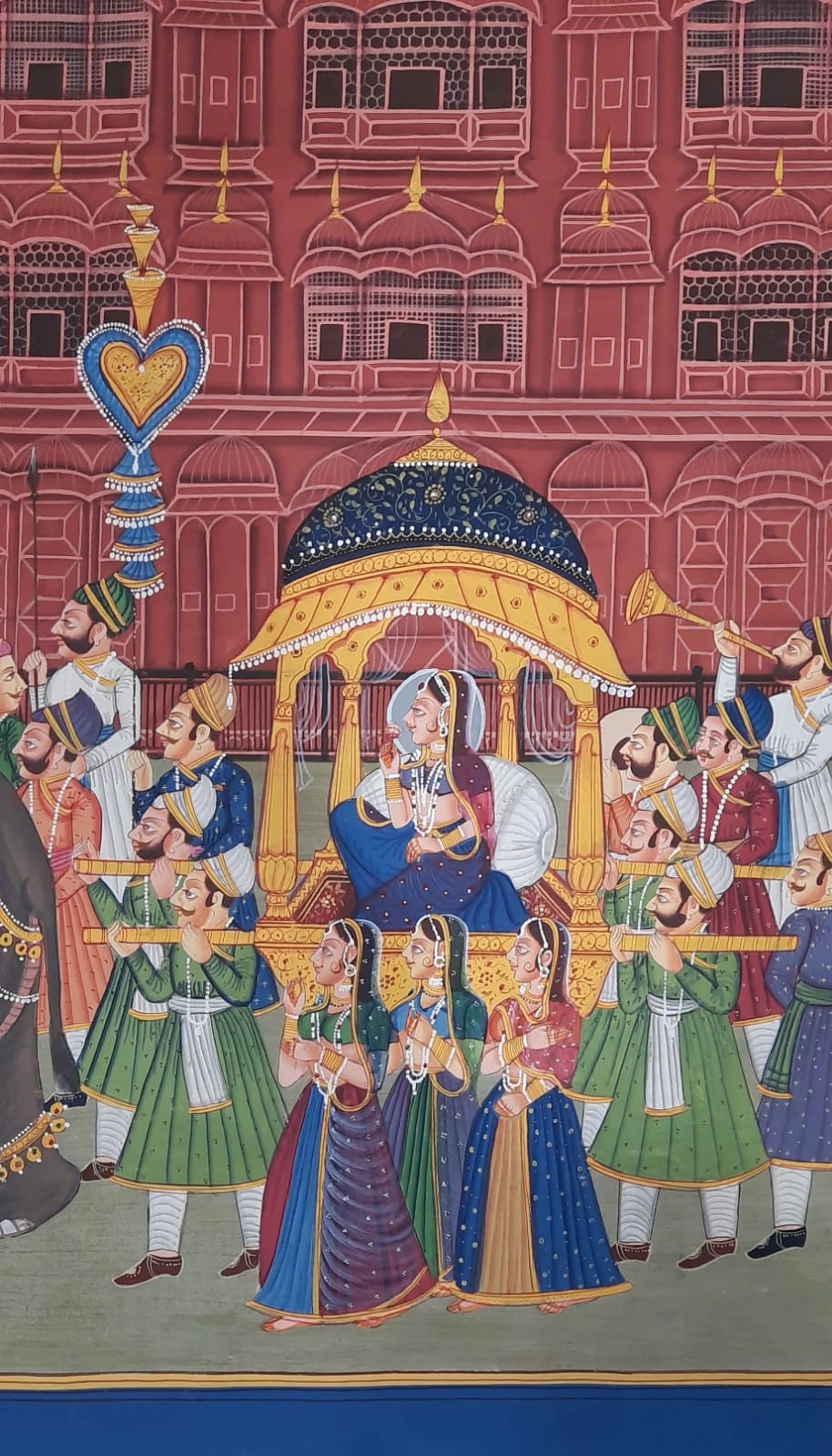 Vertical miniature painting illustrating Hawa Mahal with royal figures and ceremonial details