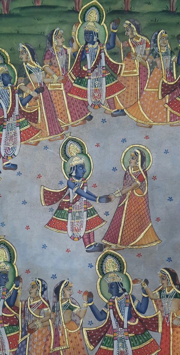 'Radha Krishna Raas Leela Pichwai' In Circle Painting (24k Gold)