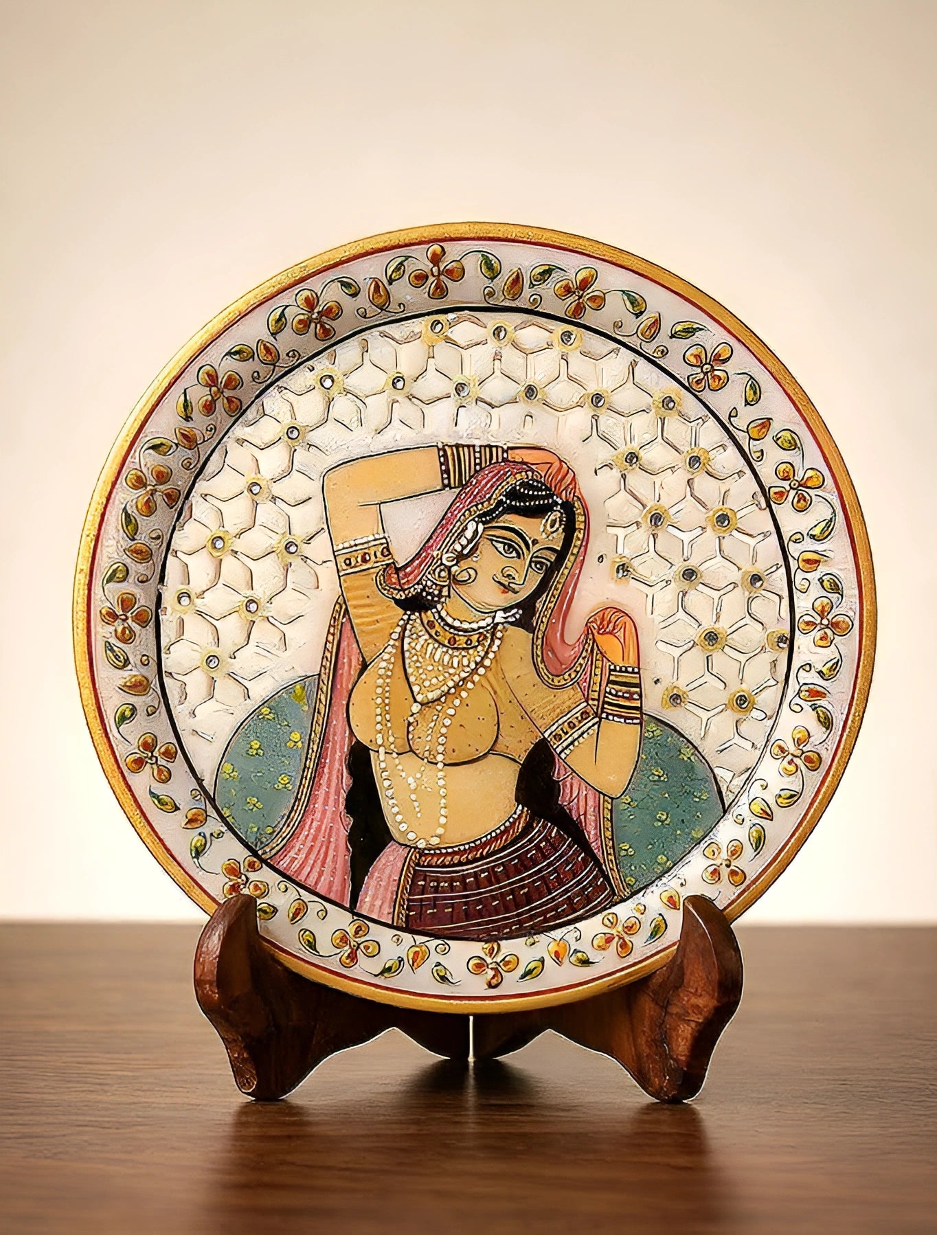 Blush Grace of the Rajput Court – Rajasthani Miniature Marble Plate