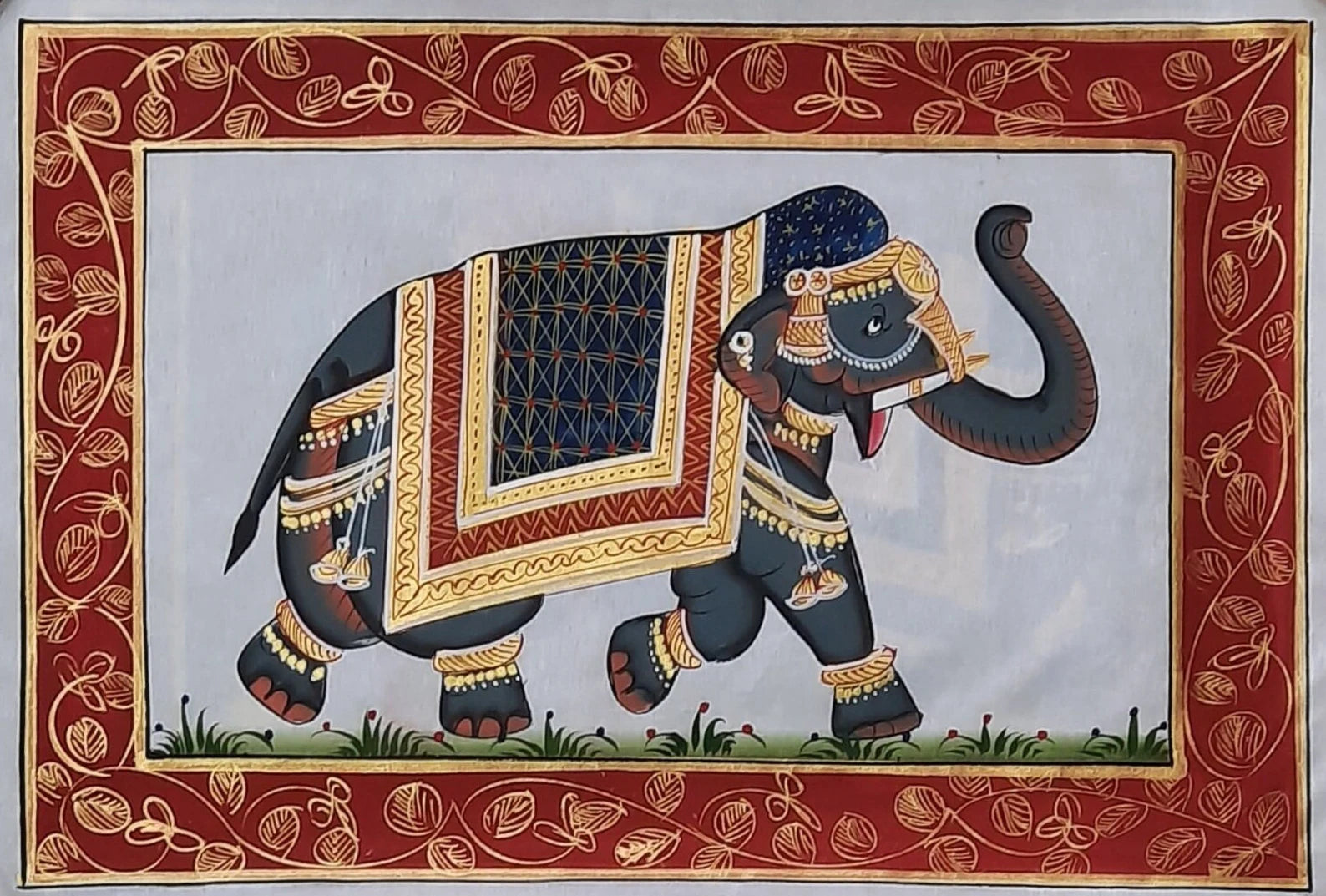 Traditional Indian elephant miniature painting on silk with ornate borders