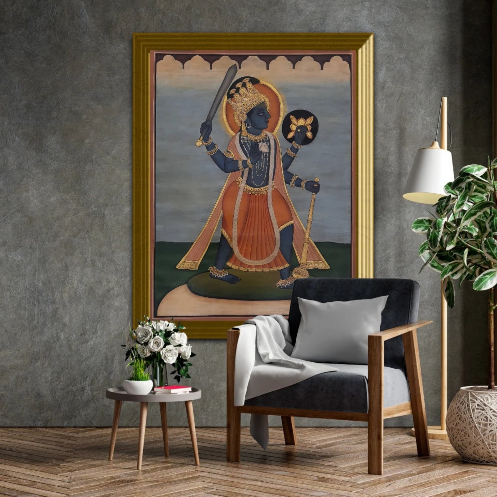 Indian devotional painting of Lord Vishnu depicted with traditional iconography and serene expression