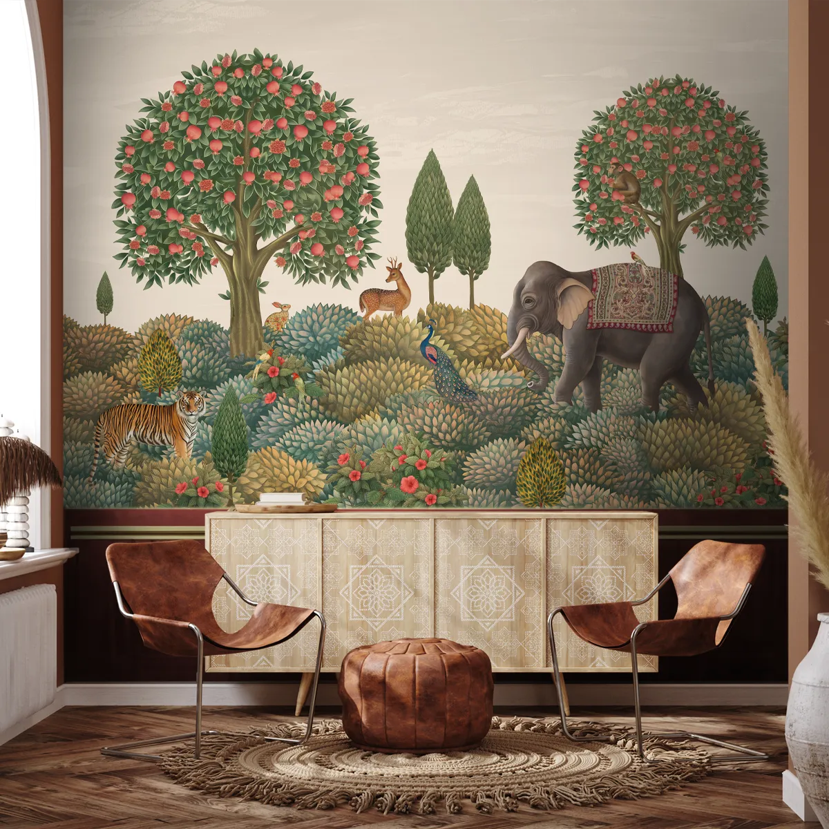 Regal serenity inspired wall design featuring Rajasi Van motifs with lush foliage and a calm, royal forest aesthetic