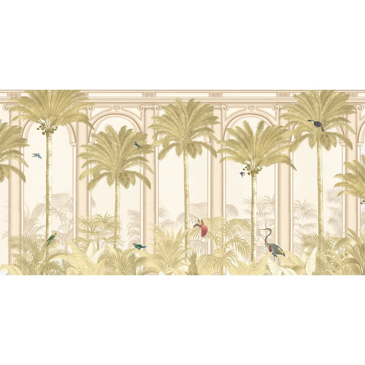 Indian tropical canopy wallpaper featuring repeating palm trees and soft neutral tones, ideal for statement walls and relaxed interiors.