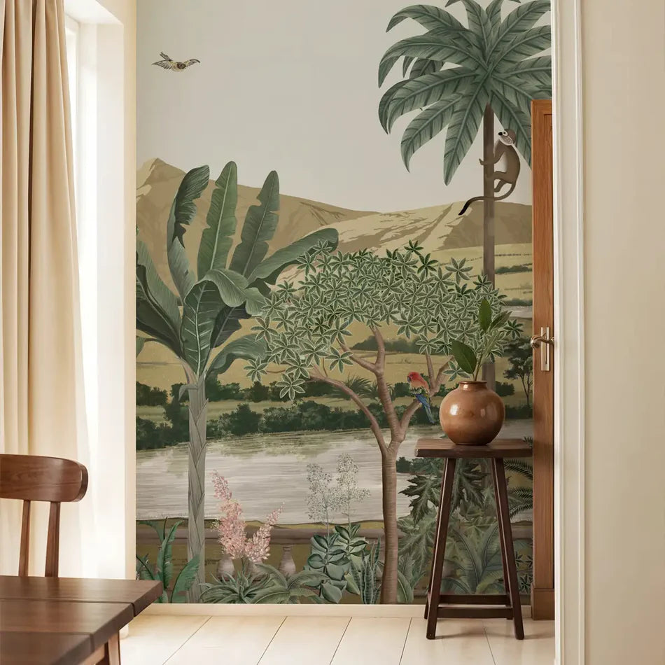 Indian tropical wall mural featuring dense greenery and forest-inspired patterns, ideal for creating a calming and immersive interior atmosphere.