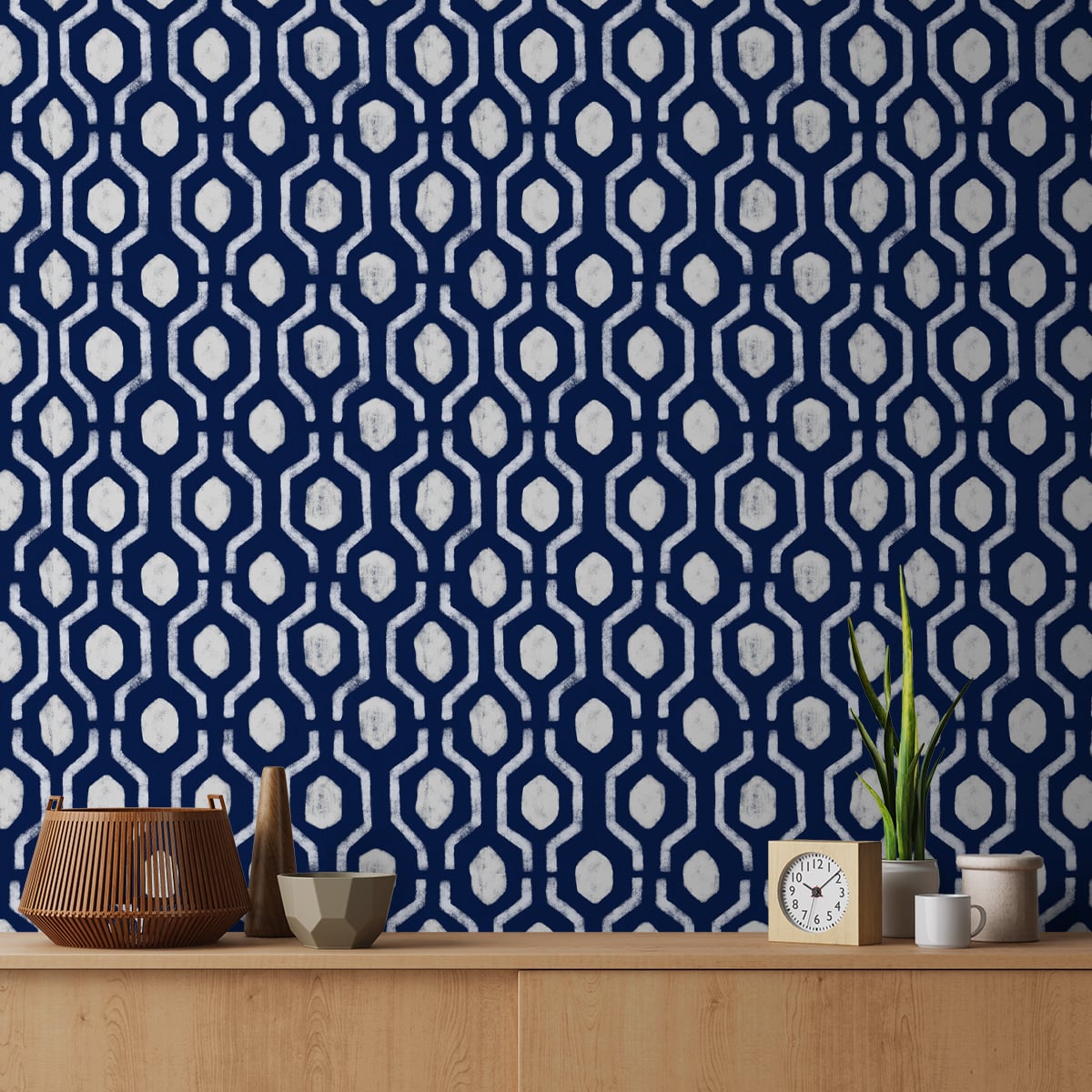 Blue and White Geometrical Repeat pattern Wallpaper
