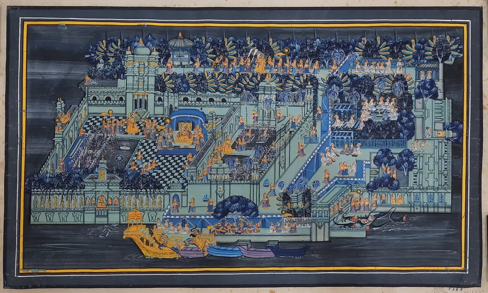 Hand-painted miniature cloth painting depicting Jagdish Ji Temple in Udaipur with detailed temple architecture and surrounding ritual scenes