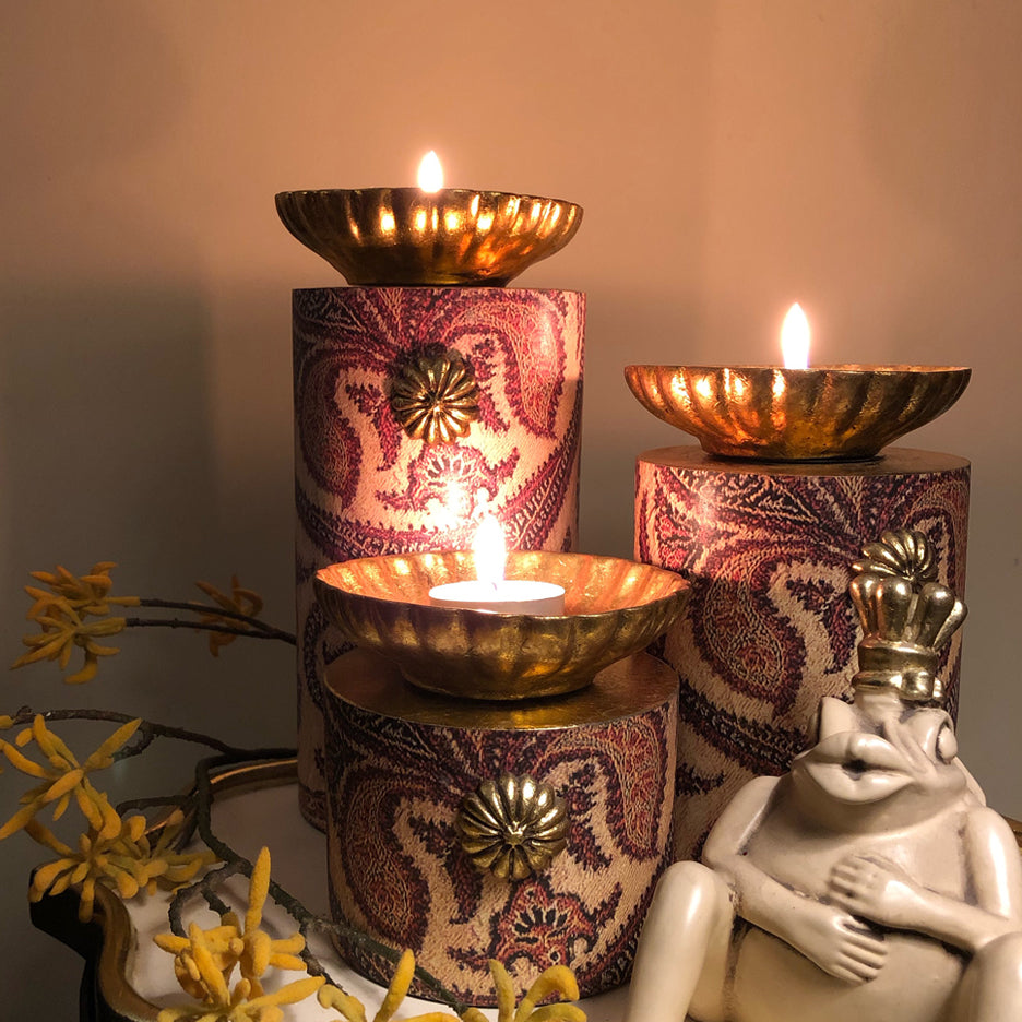 'Badam' Pillar Candle Holder Set of 3 in Wood and Resin