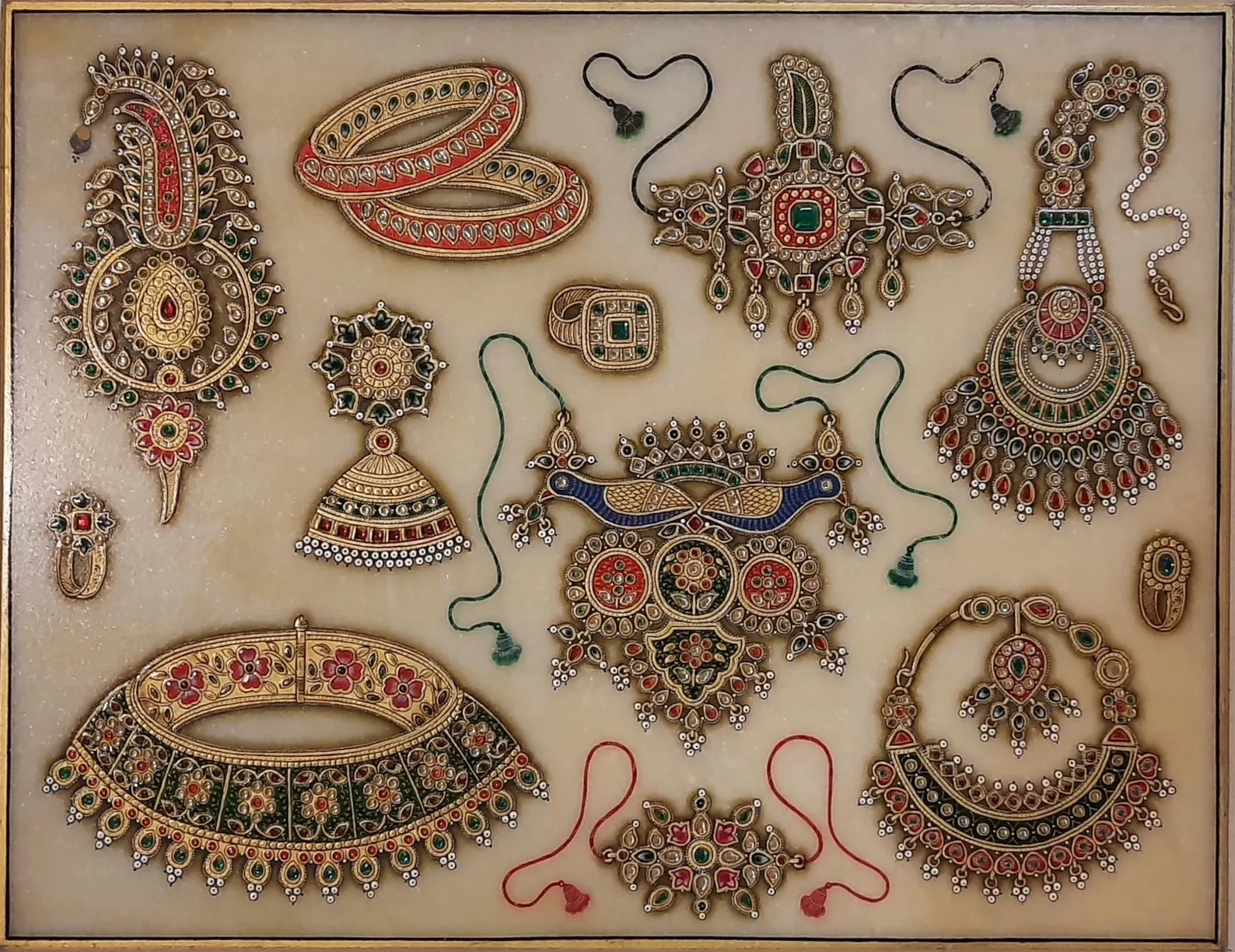 Indian miniature painting on marble depicting traditional jewelry sets with necklaces, bangles and ornaments