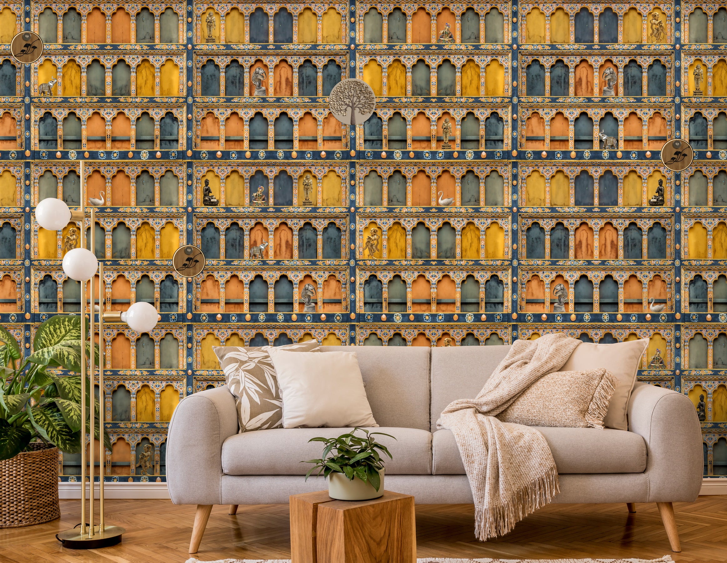 Arch themed wall design highlighting Kala inspired structures with symmetry and historic Indian charm
