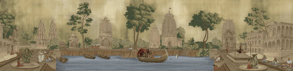 Kashi Reverie Golden Sepia luxury wallpaper - Customized Indian temple wallpaper with ganges river
