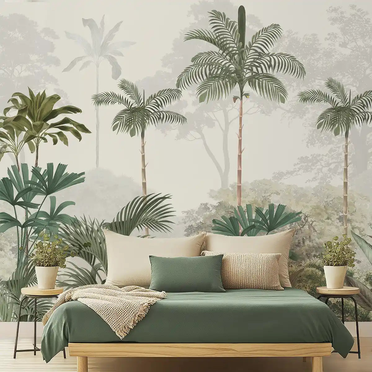 Tropical palm tree botanical wallpaper inspired by Kerala’s coastal landscape, featuring layered green foliage in a serene Indian nature wall design.