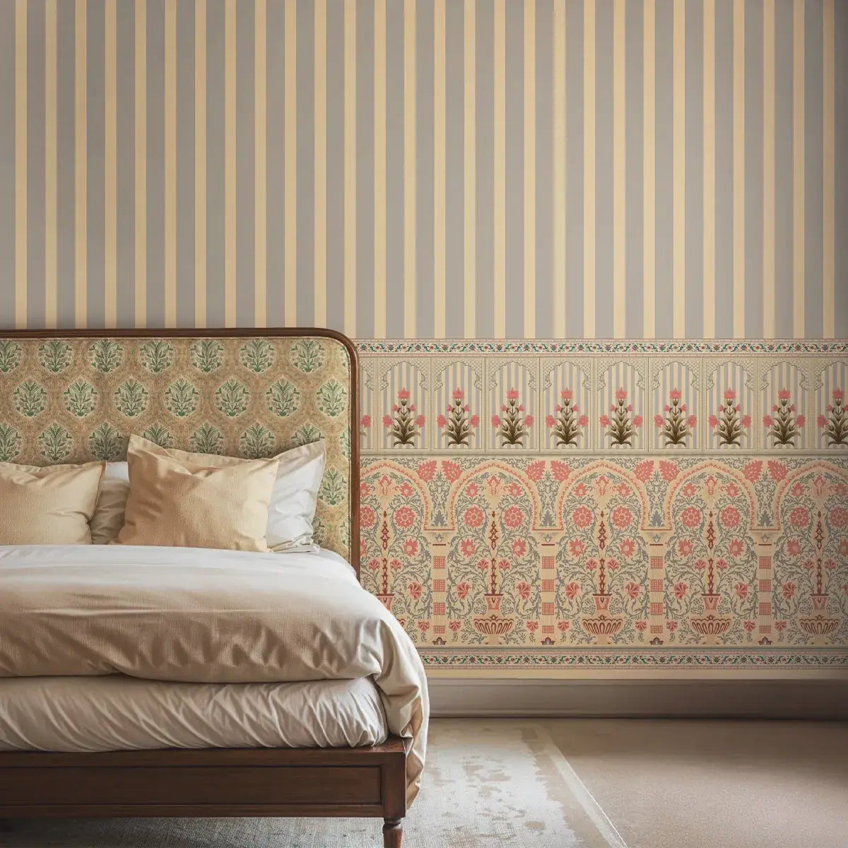 Floral wall design highlighting Kusum inspired blooms with gentle detailing and a serene natural balance